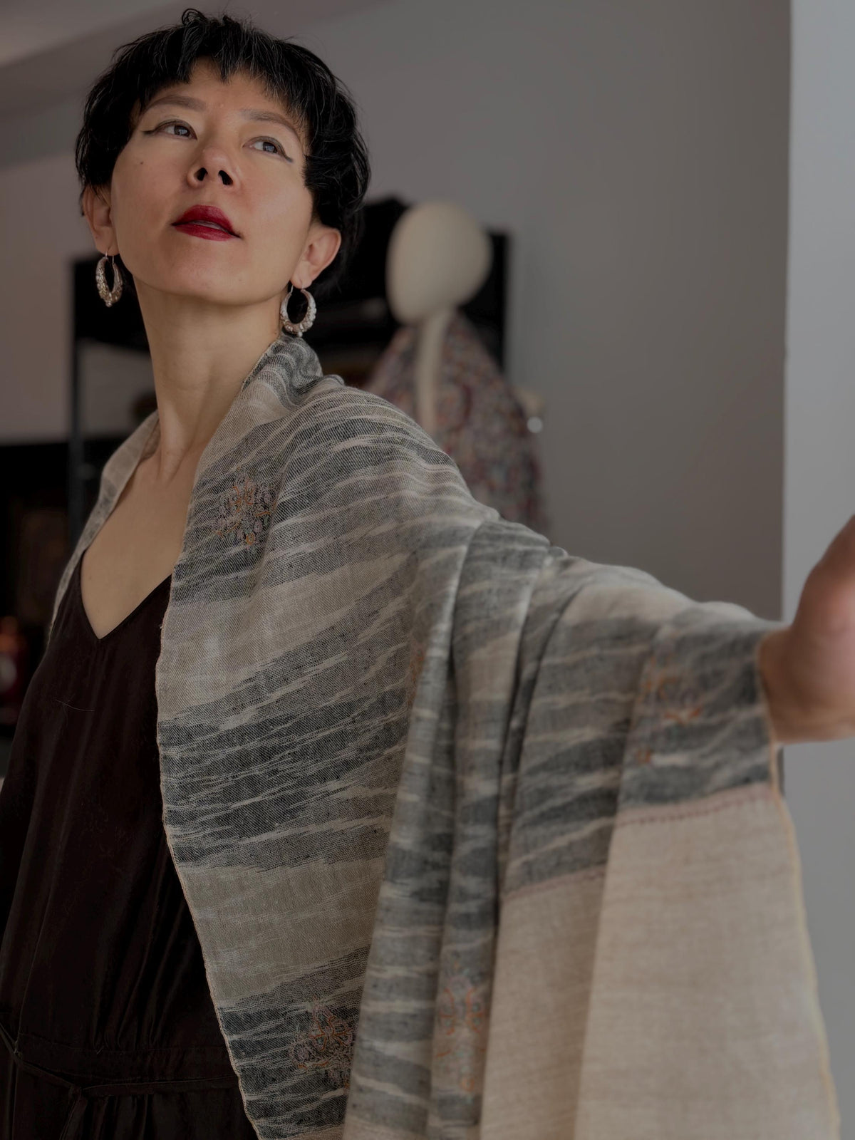 Extra Fine Silk Embroidered Pashmina Shawl with Elegant Ikat Stripes Design