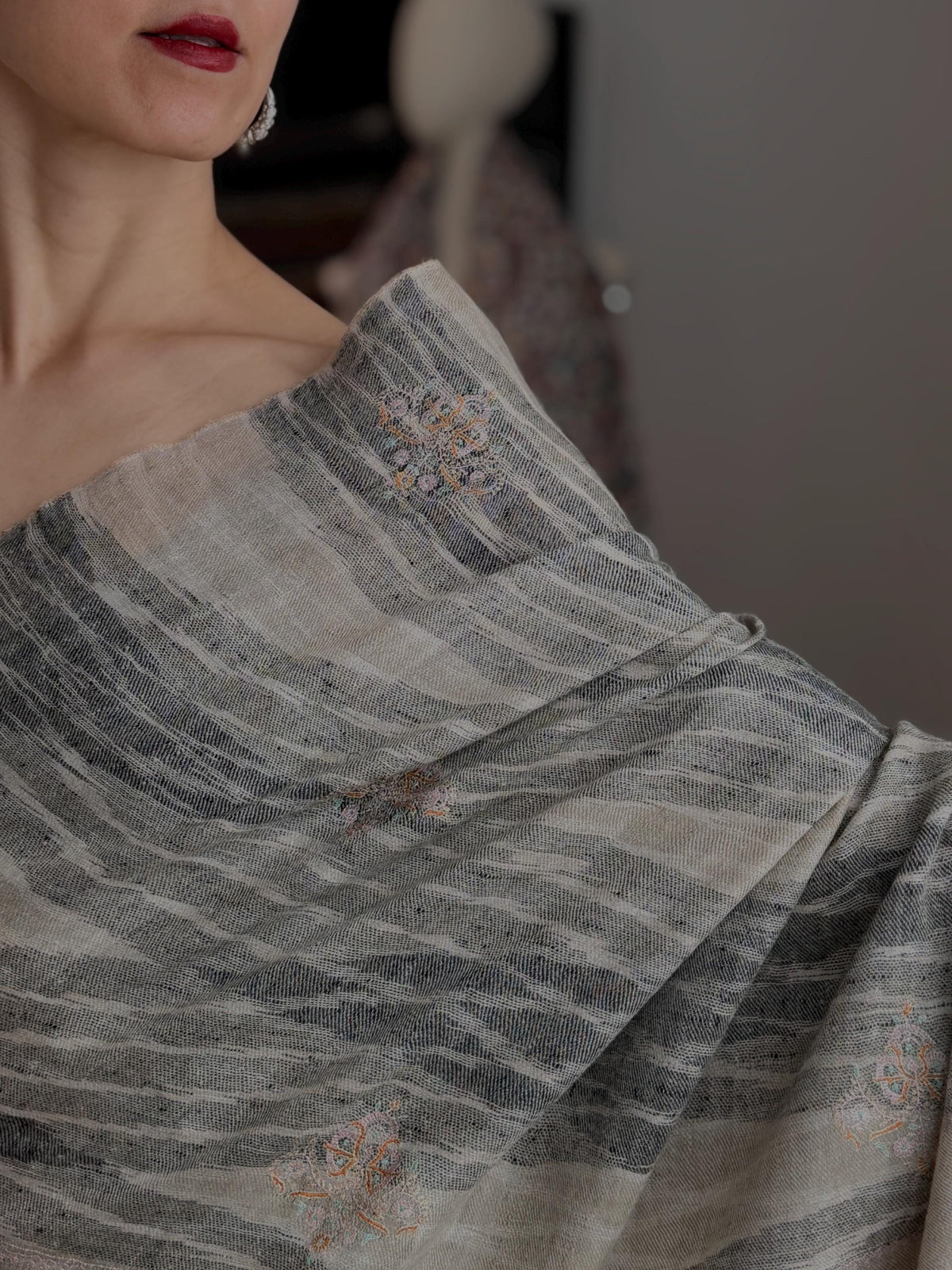 Extra Fine Silk Embroidered Pashmina Shawl with Elegant Ikat Stripes Design