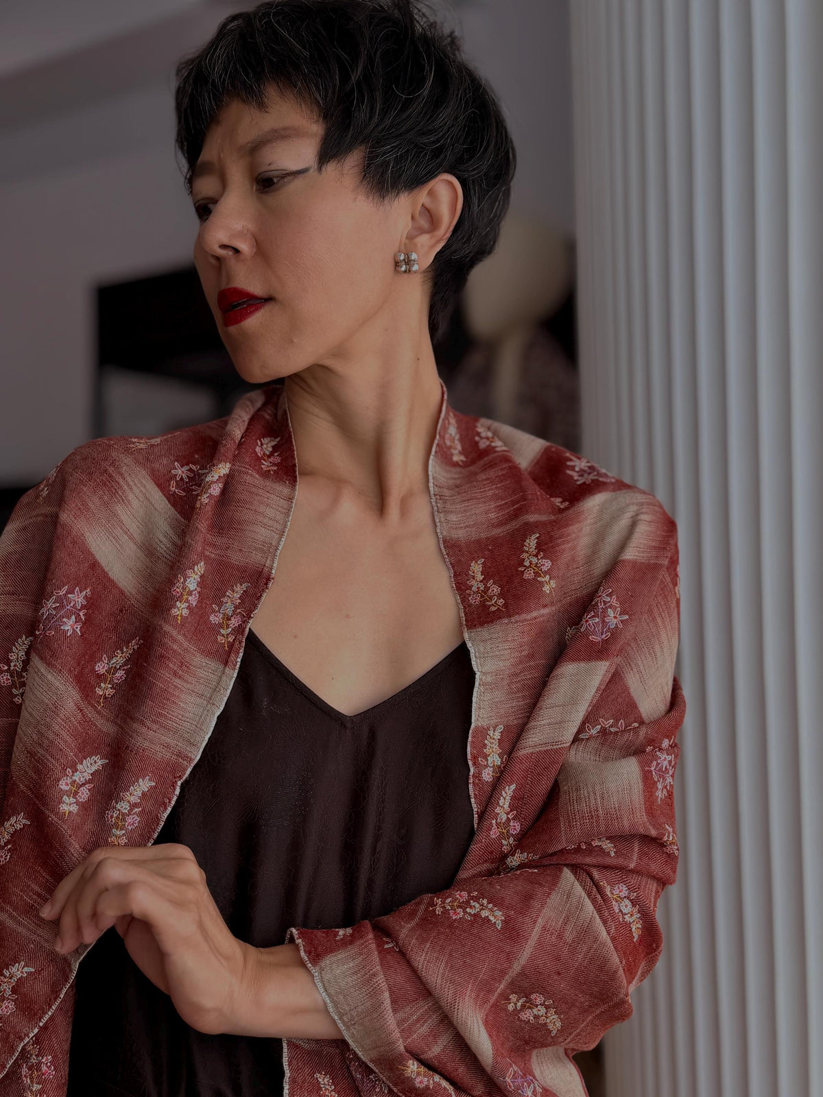 Winterberry IKAT Buti Embroidered Pashmina Shawl