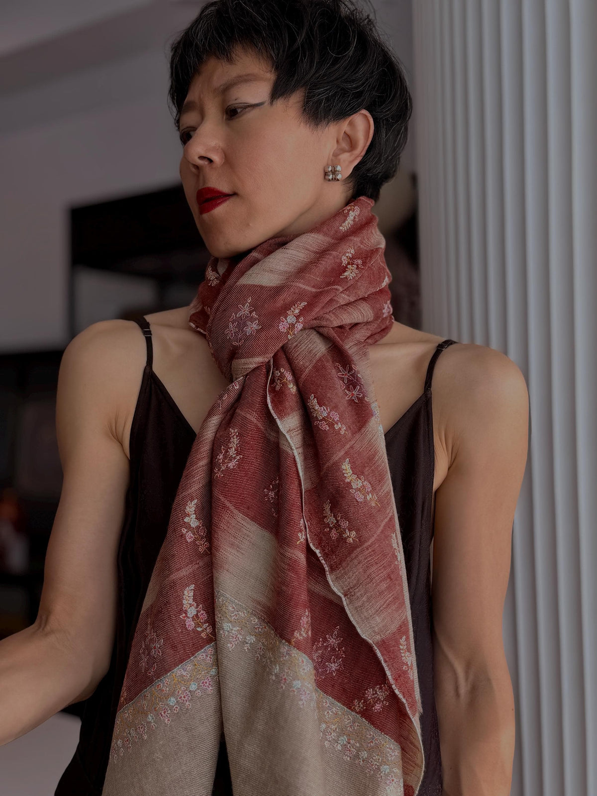 Winterberry IKAT Buti Embroidered Pashmina Shawl