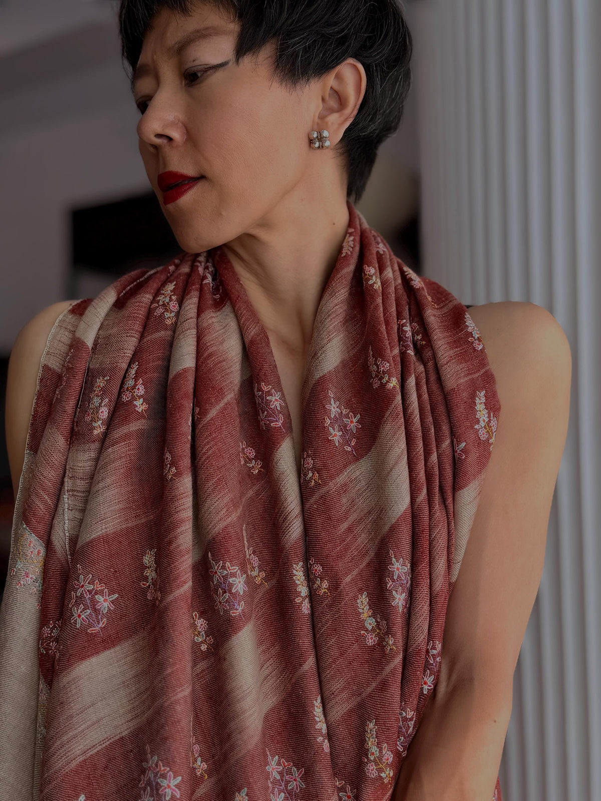 Winterberry IKAT Buti Embroidered Pashmina Shawl