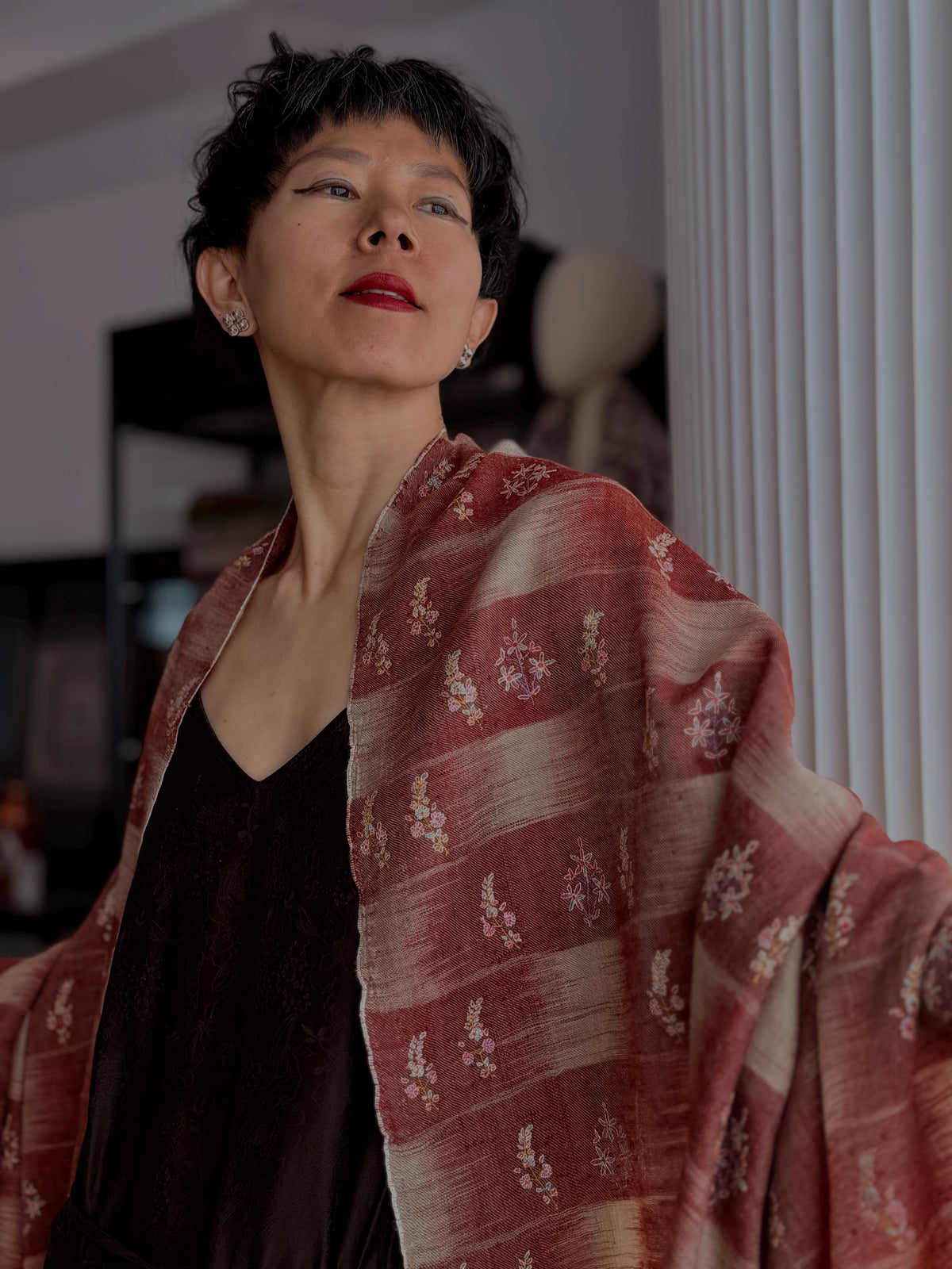 Winterberry IKAT Buti Embroidered Pashmina Shawl