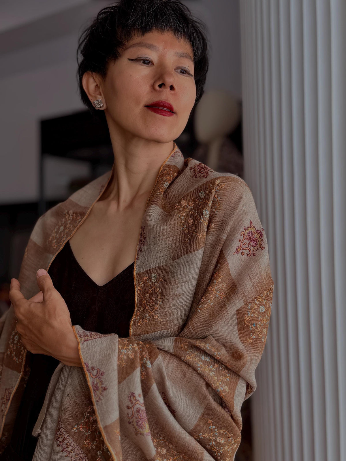 Orange IKAT Buti Embroidered Pashmina Shawl