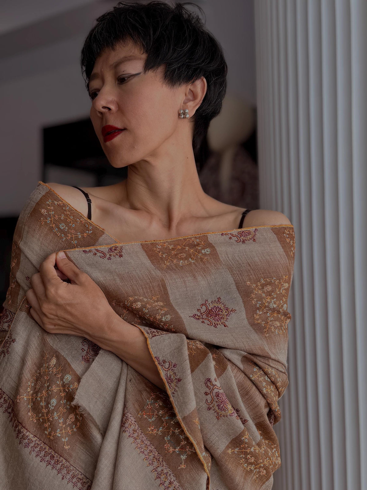 Orange IKAT Buti Embroidered Pashmina Shawl