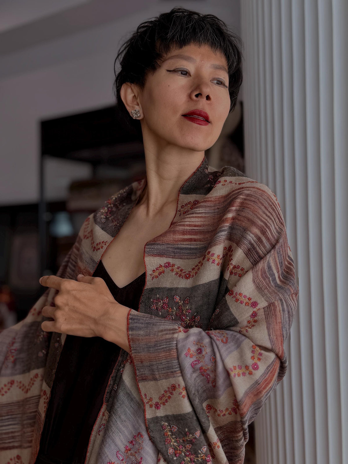 Purple IKAT Buti Embroidered Pashmina Shawl