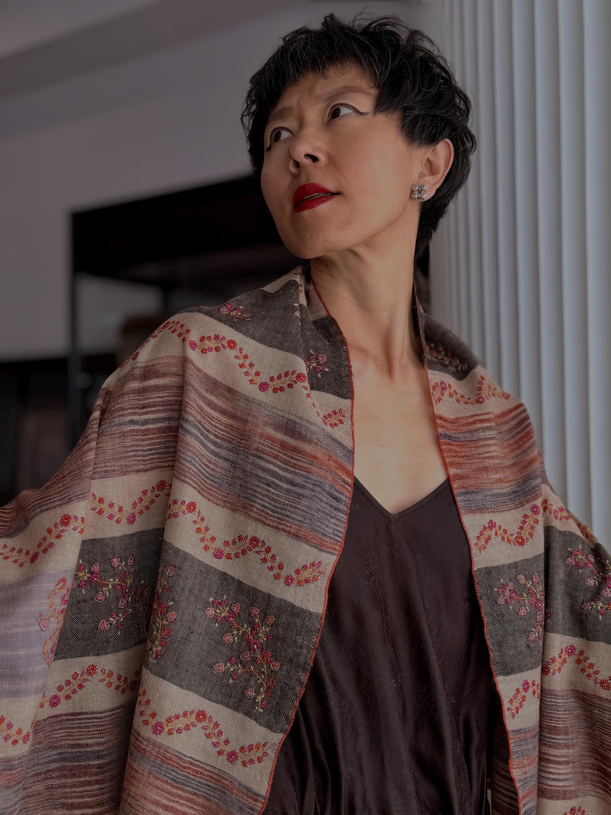 Purple IKAT Buti Embroidered Pashmina Shawl