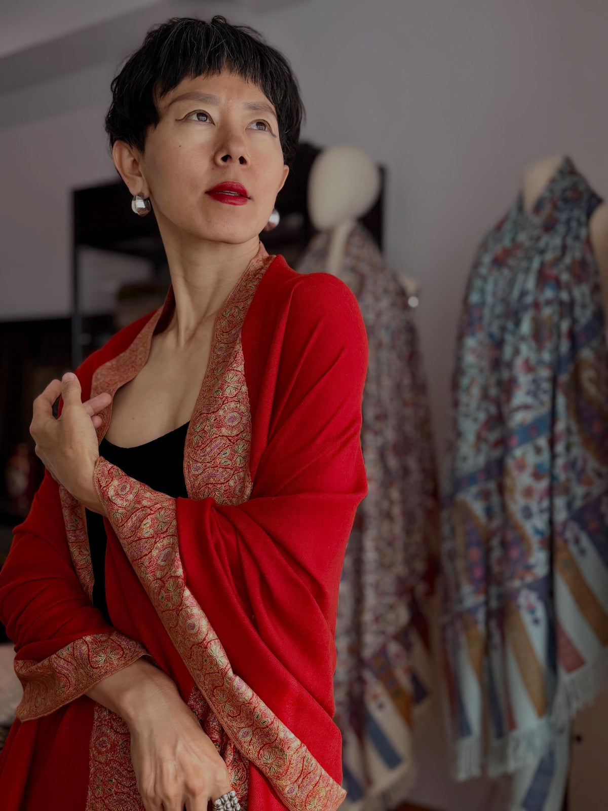 Exquisite Peach Red Dhoor Embroidered Pashmina Shawl
