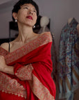 Exquisite Peach Red Dhoor Embroidered Pashmina Shawl