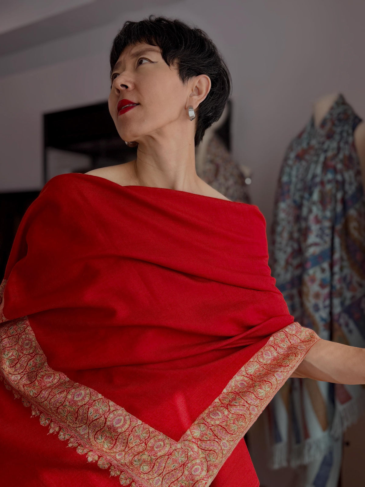 Exquisite Peach Red Dhoor Embroidered Pashmina Shawl