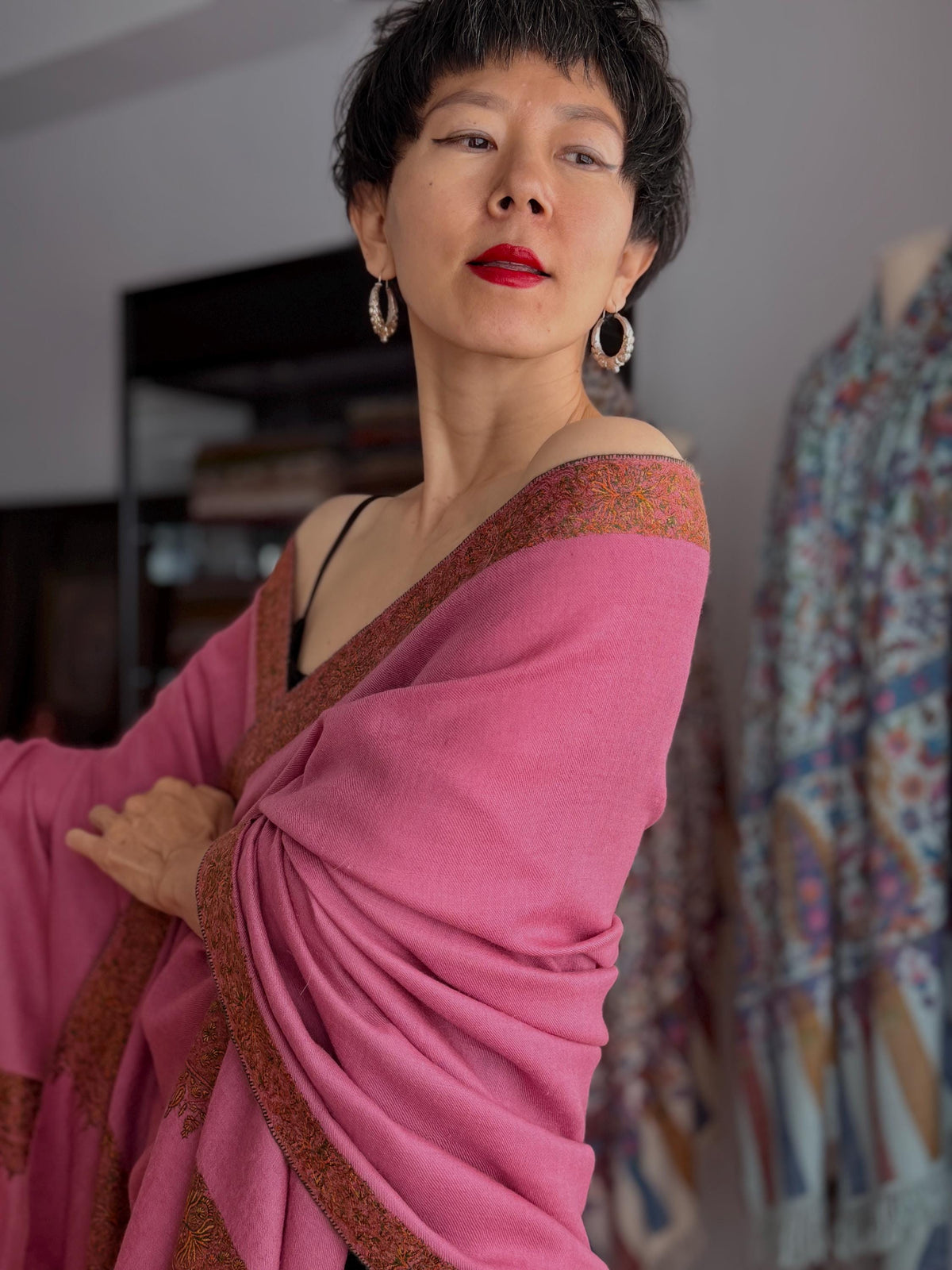 Exquisite Rose Pink Dhoor Embroidered Pashmina Shawl