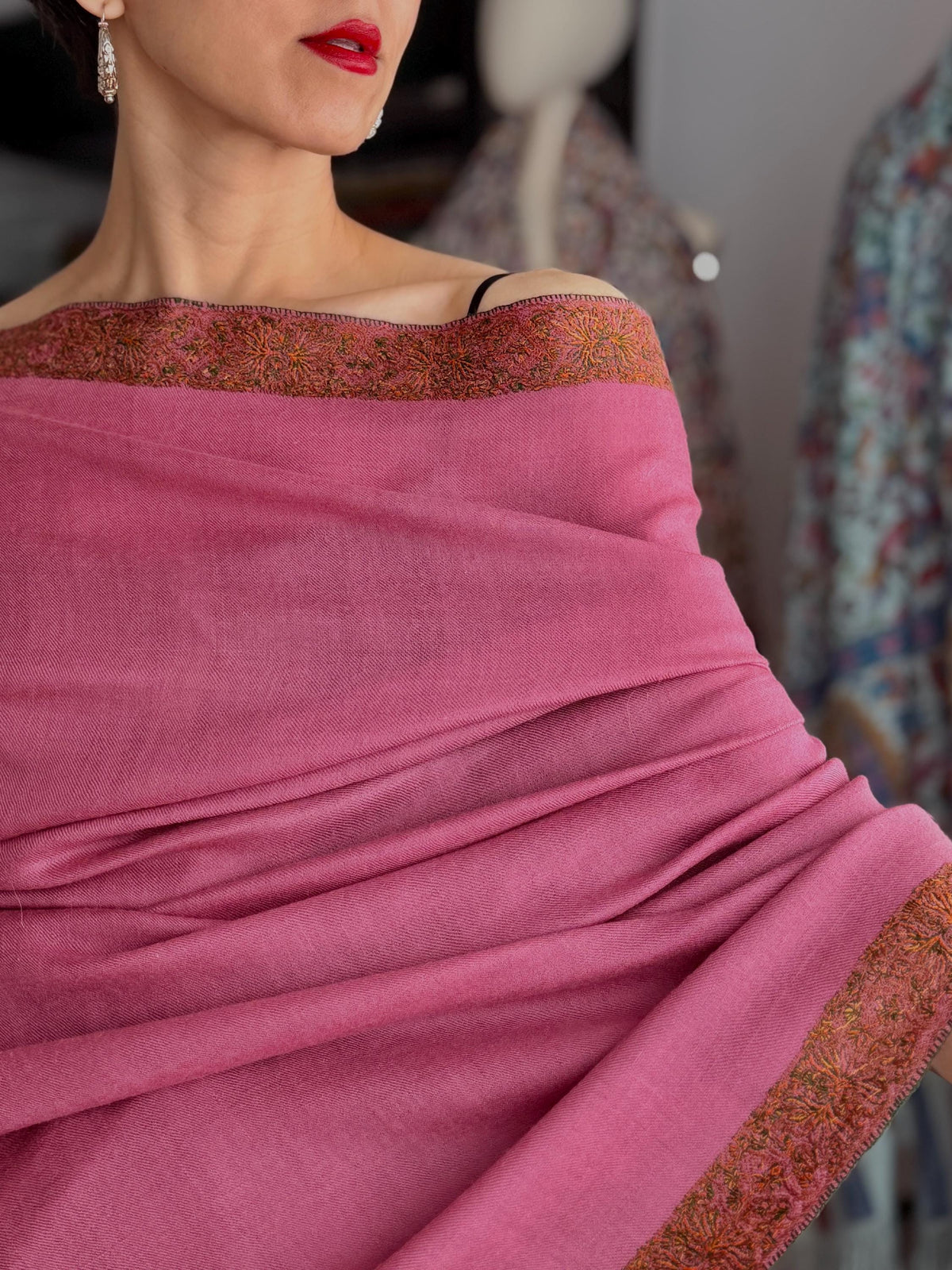 Exquisite Rose Pink Dhoor Embroidered Pashmina Shawl