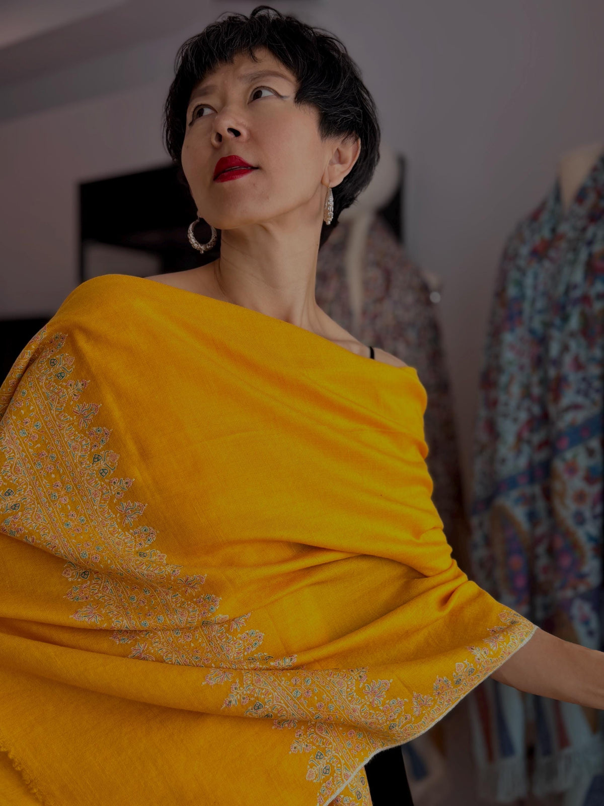 Exquisite Mango Yellow Dhoor Embroidered Pashmina Shawl