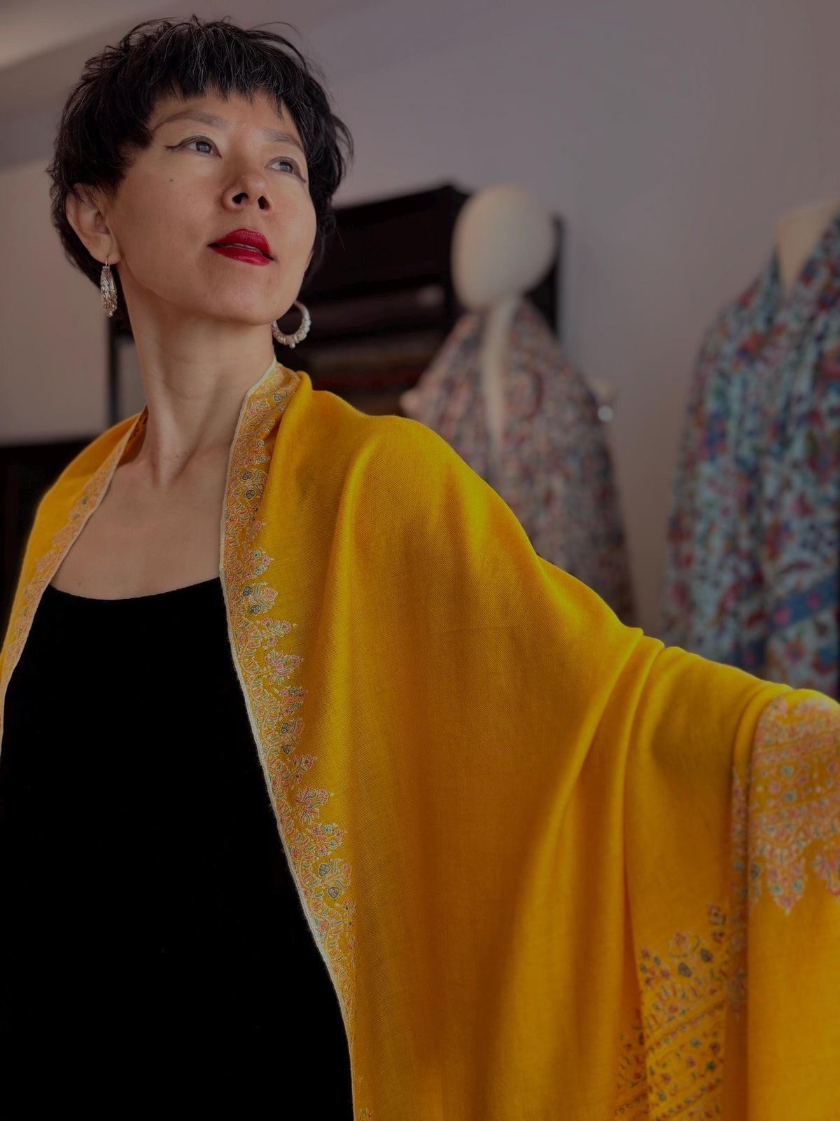 Exquisite Mango Yellow Dhoor Embroidered Pashmina Shawl