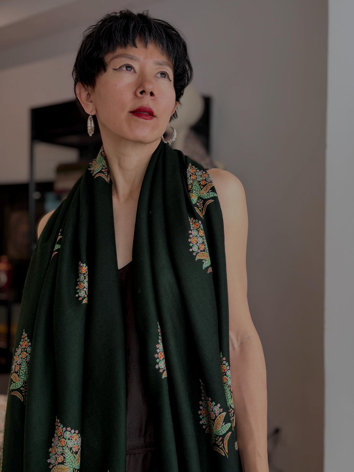 Pine Green Cypress Embroidered Pashmina Shawl