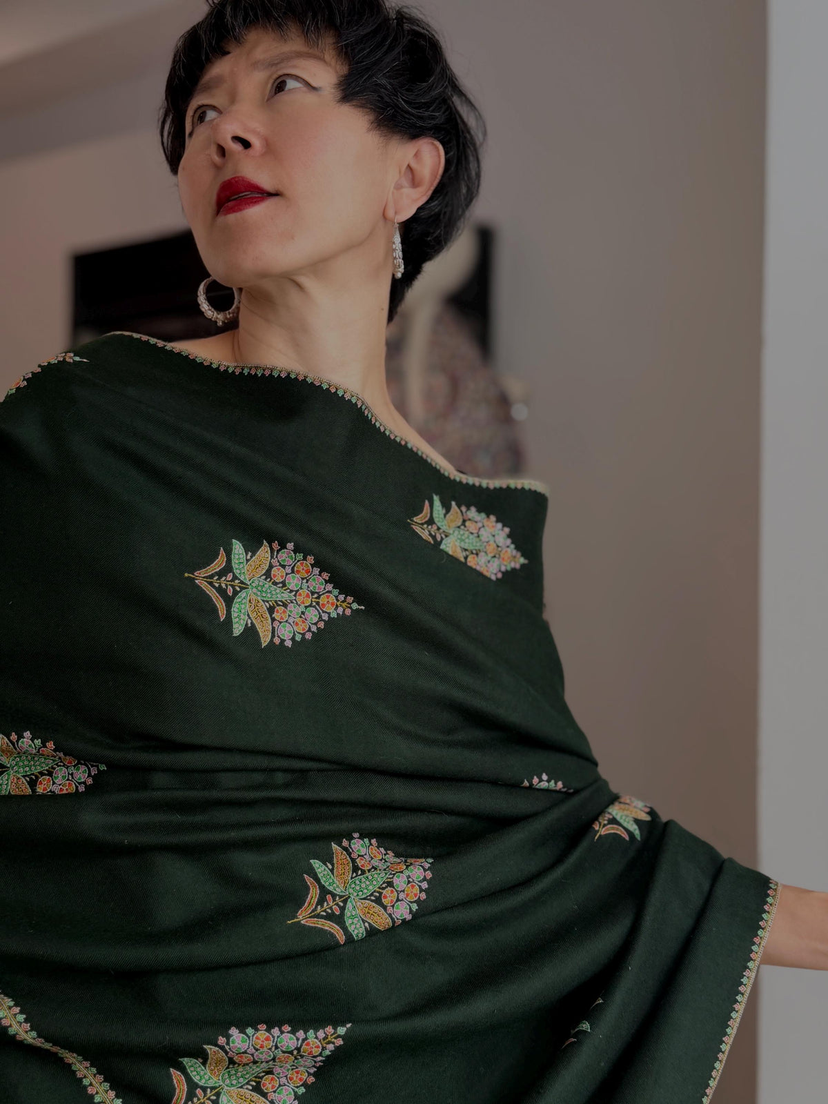 Pine Green Cypress Embroidered Pashmina Shawl