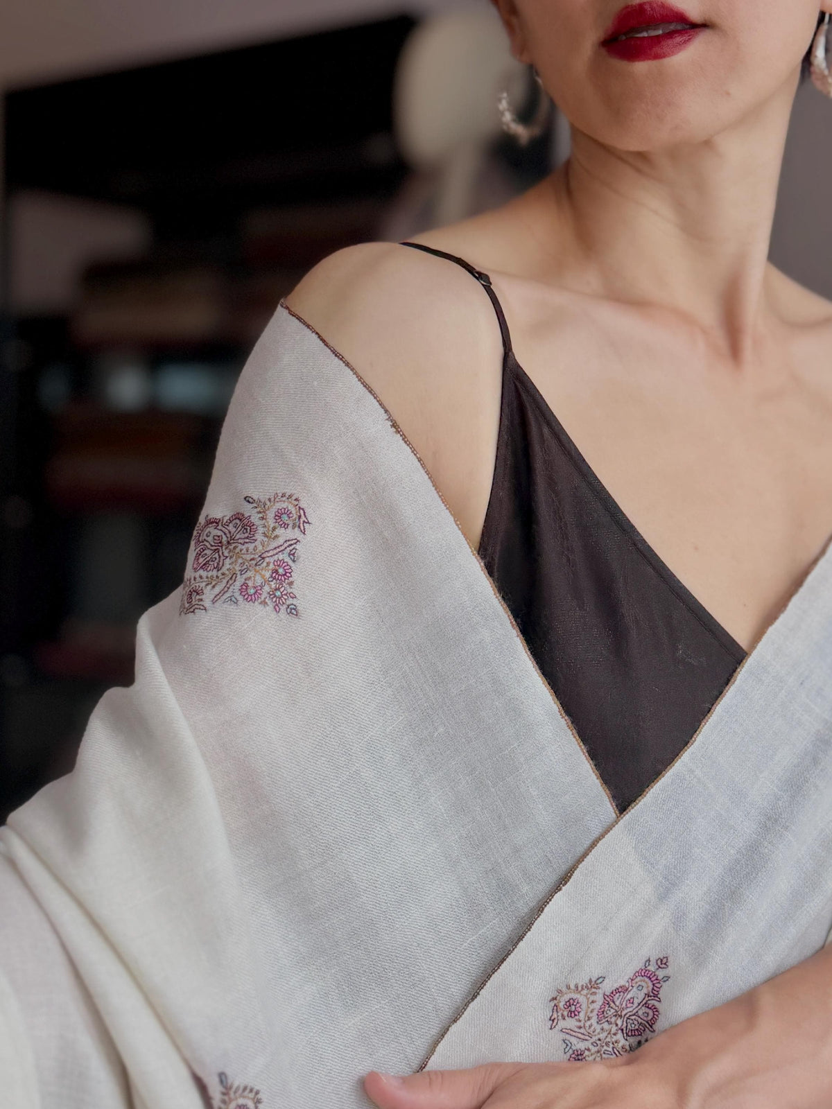 Extra Fine Ivory Silk Embroidered Pashmina Shawl with Elegant Buti Designs
