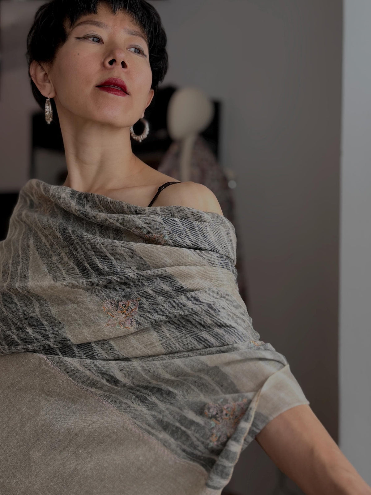 Extra Fine Silk Embroidered Pashmina Shawl with Elegant Ikat Stripes Design