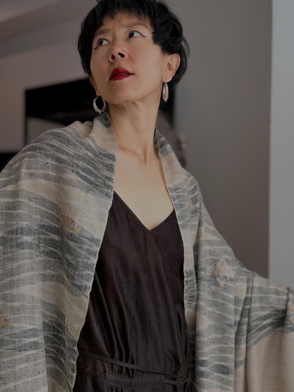 Extra Fine Silk Embroidered Pashmina Shawl with Elegant Ikat Stripes Design