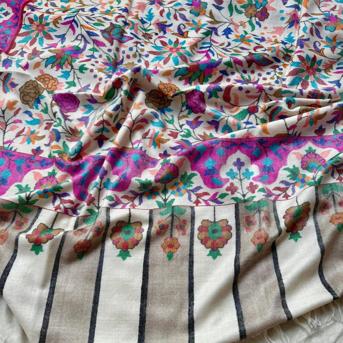 White kani pashmina shawl floral designs