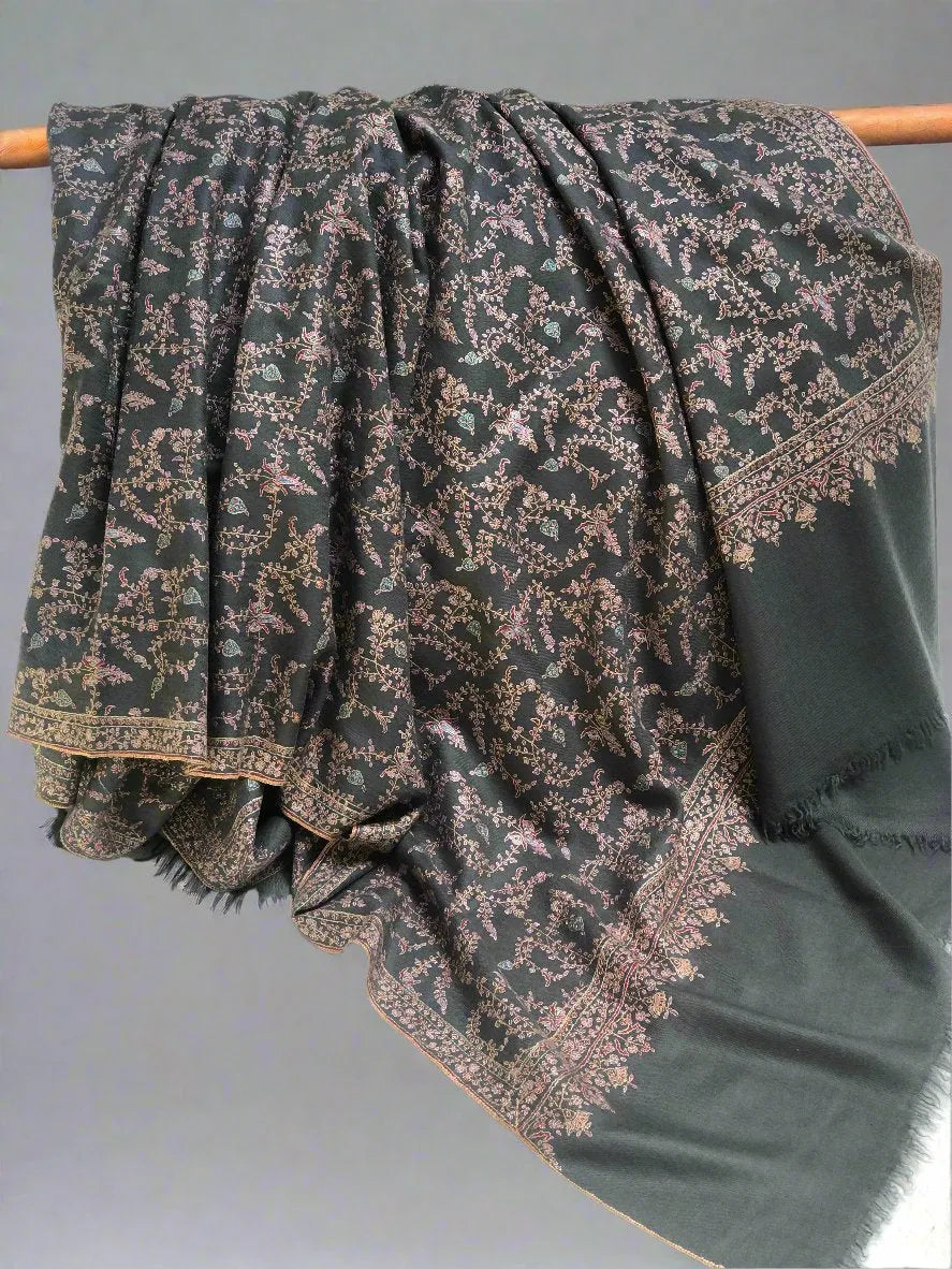 Elegant Gray Buti Design Silk Embroidery Pashmina Shawl - the Atelier H