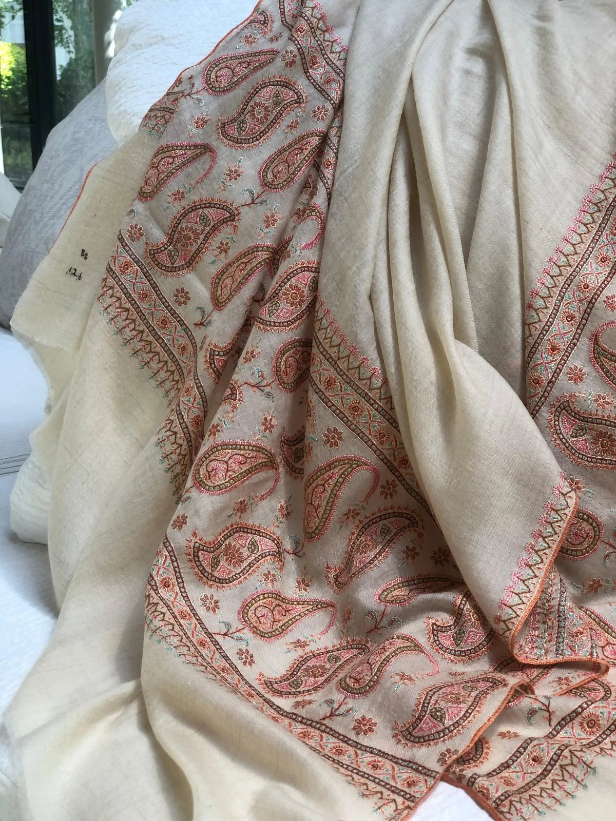 White Almond Design Silk Embroidery Pashmina Shawl - the Atelier H