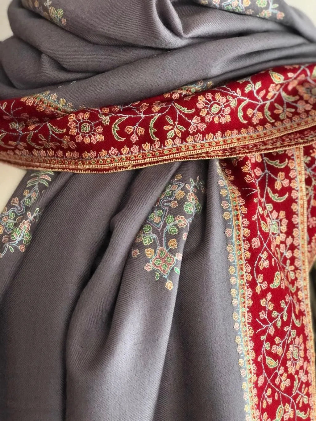 Elegant Gray Embroidery Pashmina Shawl - the Atelier H