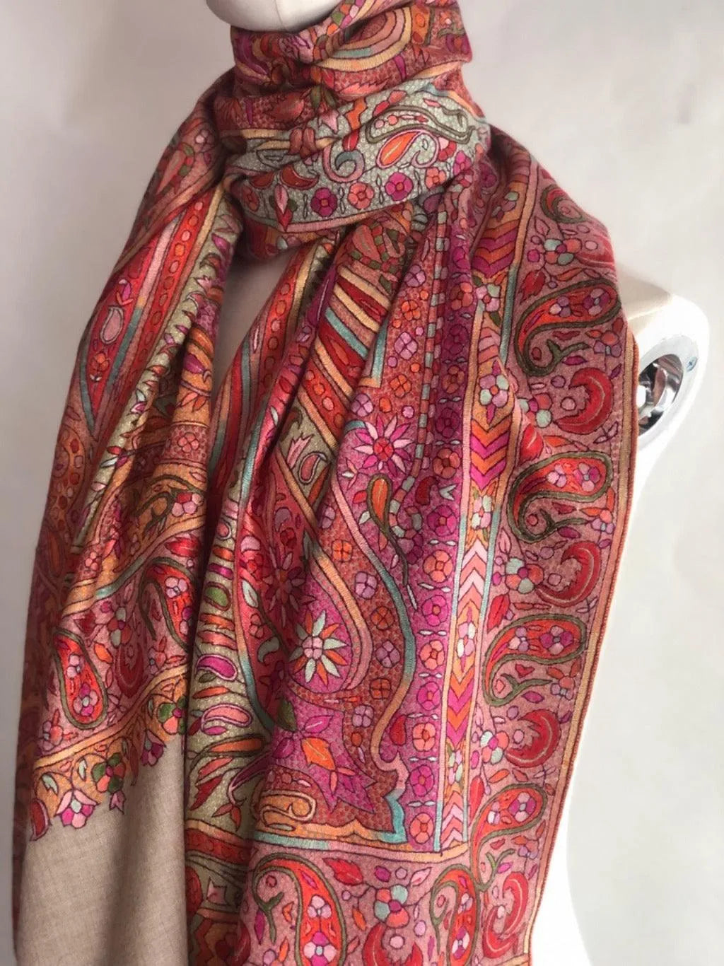 Dancing Almond Design Sozni Jamawar Embroidery Pashmina Shawl - the Atelier H