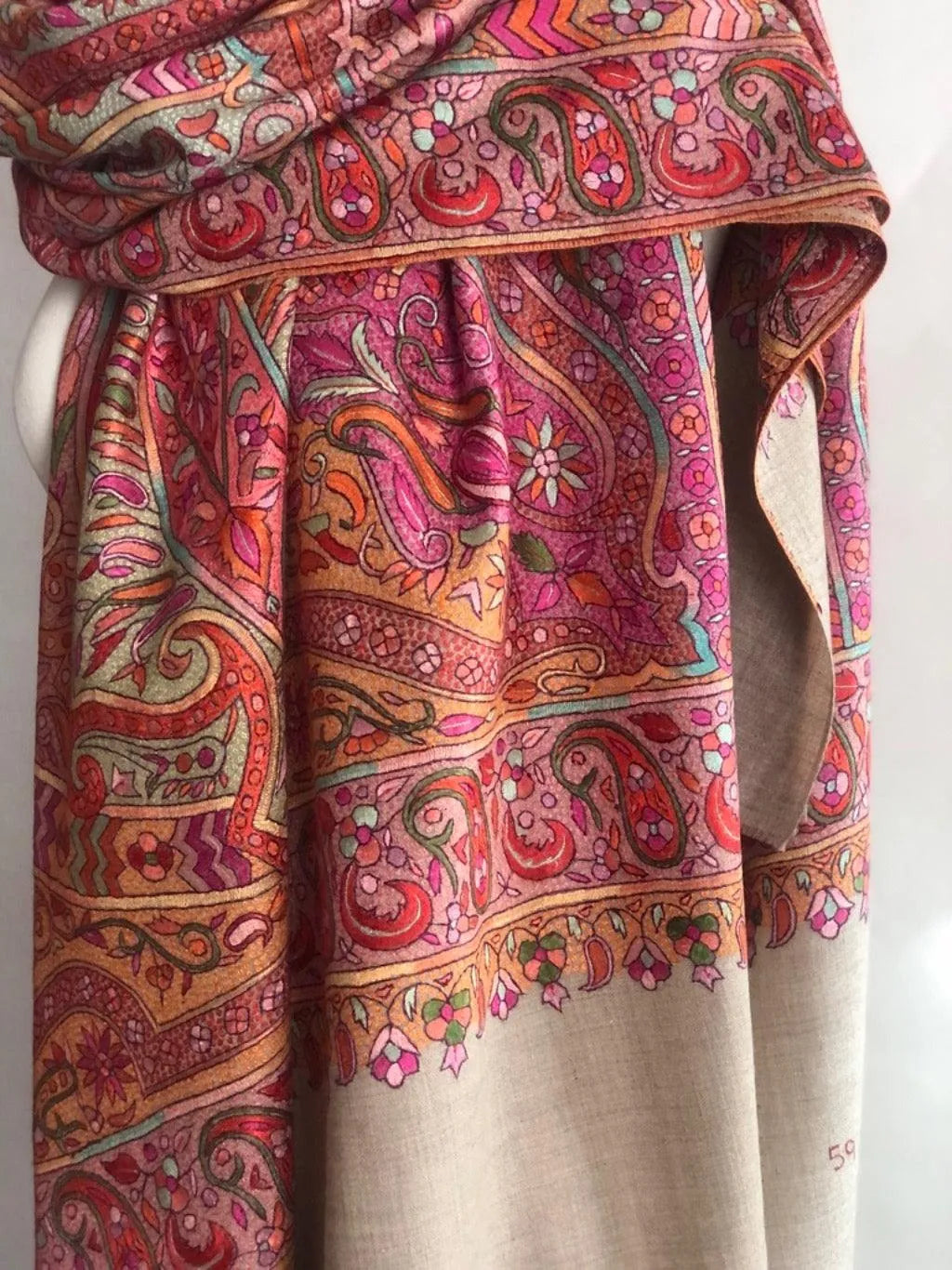 Dancing Almond Design Sozni Jamawar Embroidery Pashmina Shawl - the Atelier H