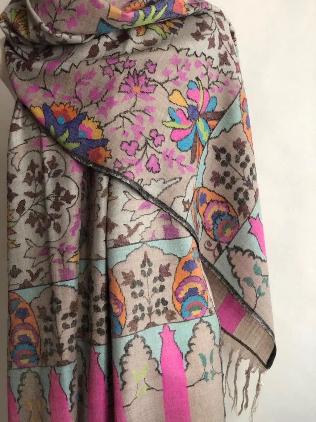 Beige Kani Jamawar Pashmina Shawl Chinar Design - the Atelier H