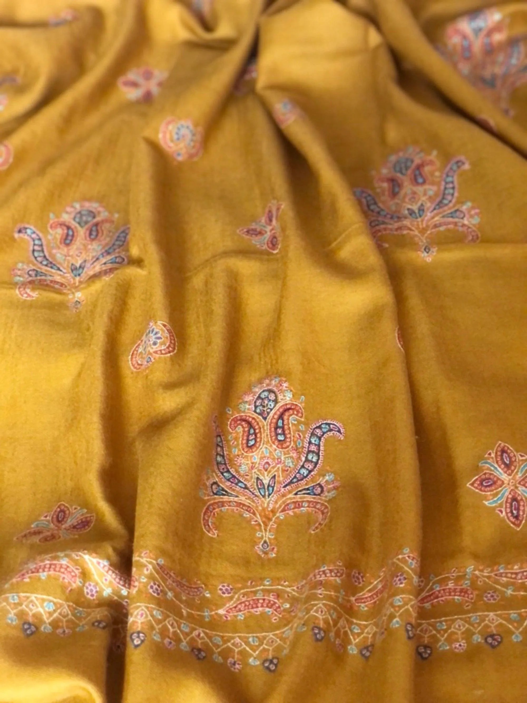 Extra Fine Mustard Floral Design Pashmina Shawl - the Atelier H