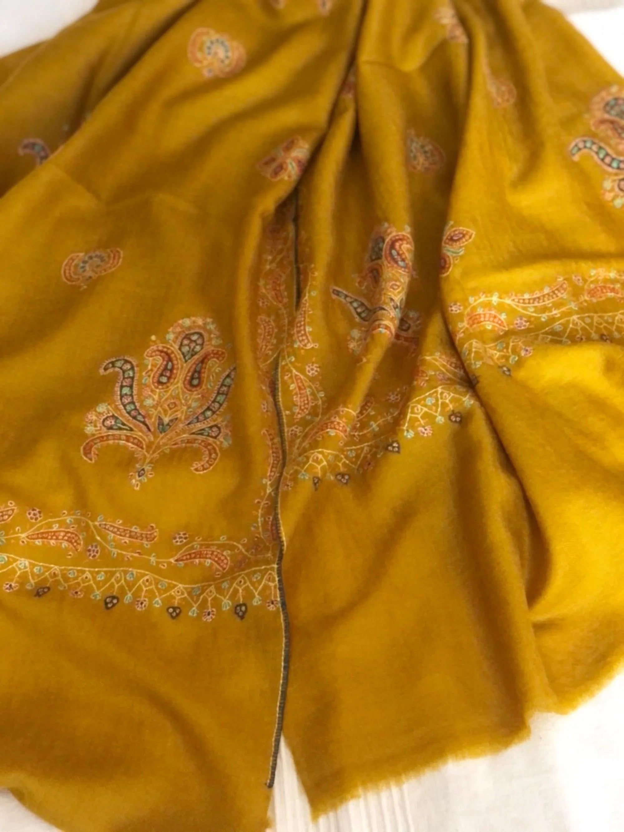 Extra Fine Mustard Floral Design Pashmina Shawl - the Atelier H