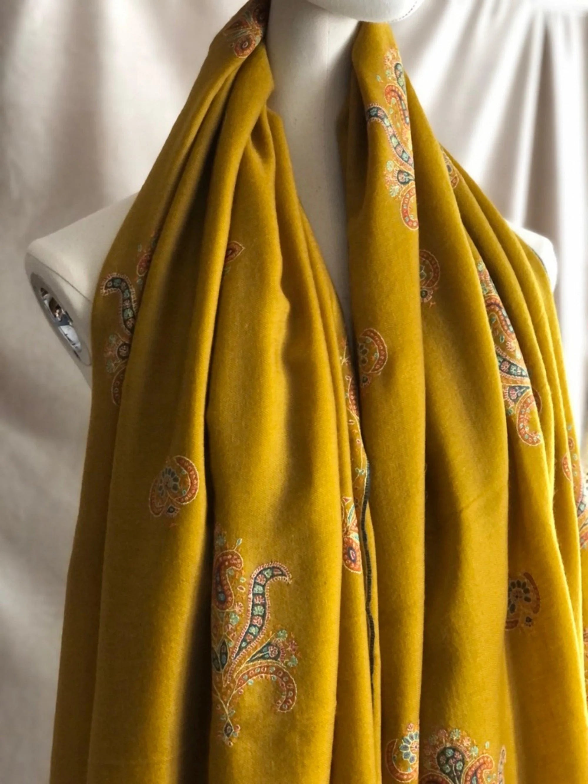 Extra Fine Mustard Floral Design Pashmina Shawl - the Atelier H