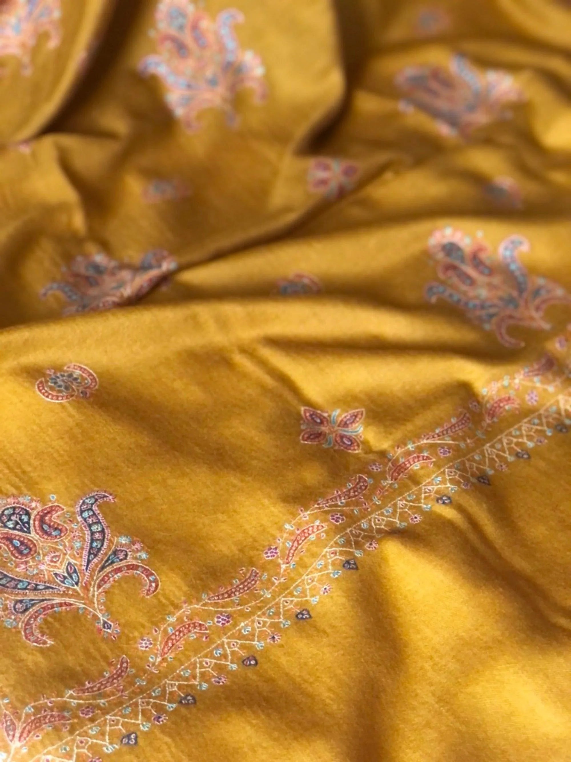 Extra Fine Mustard Floral Design Pashmina Shawl - the Atelier H