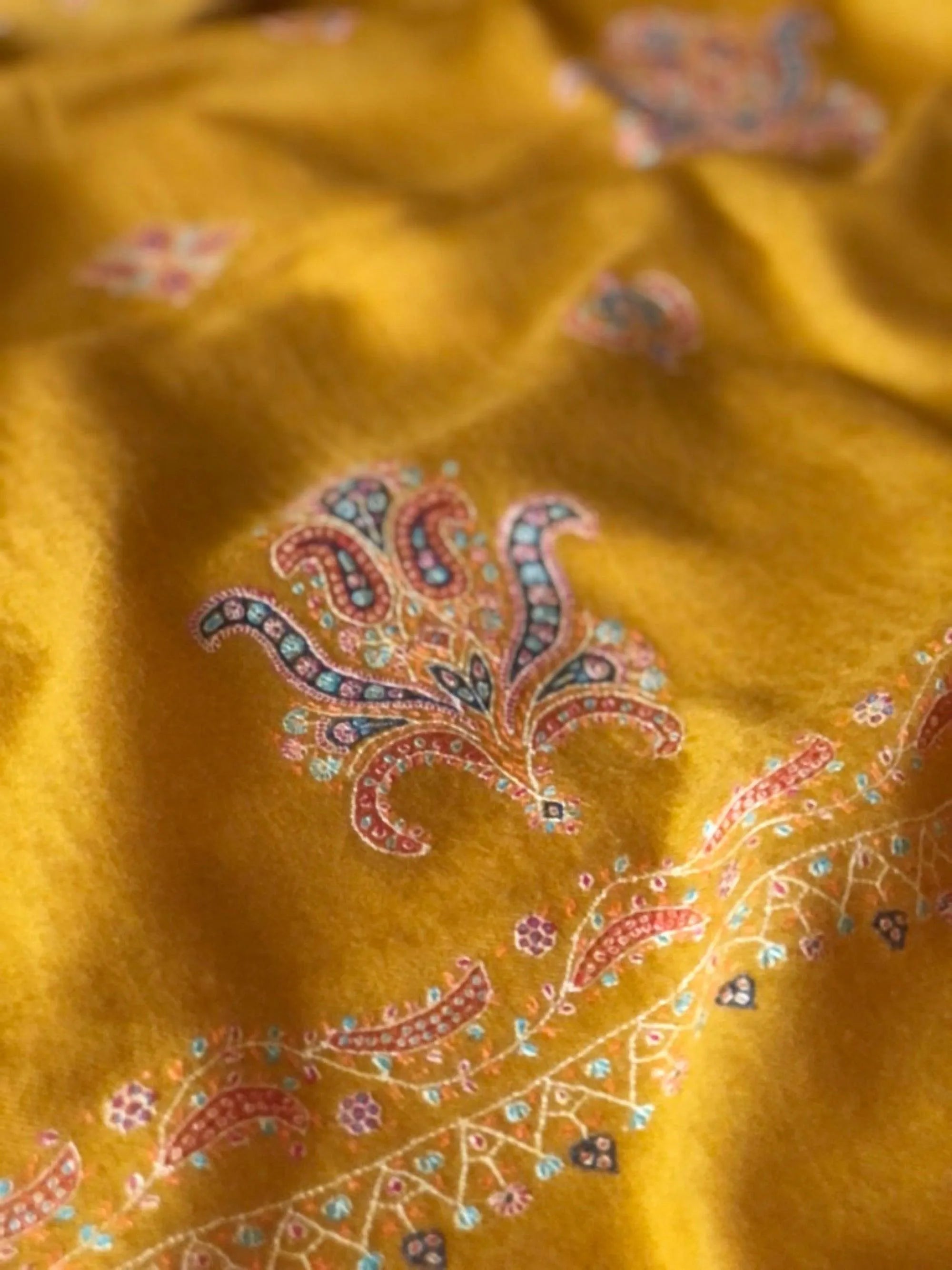 Extra Fine Mustard Floral Design Pashmina Shawl - the Atelier H