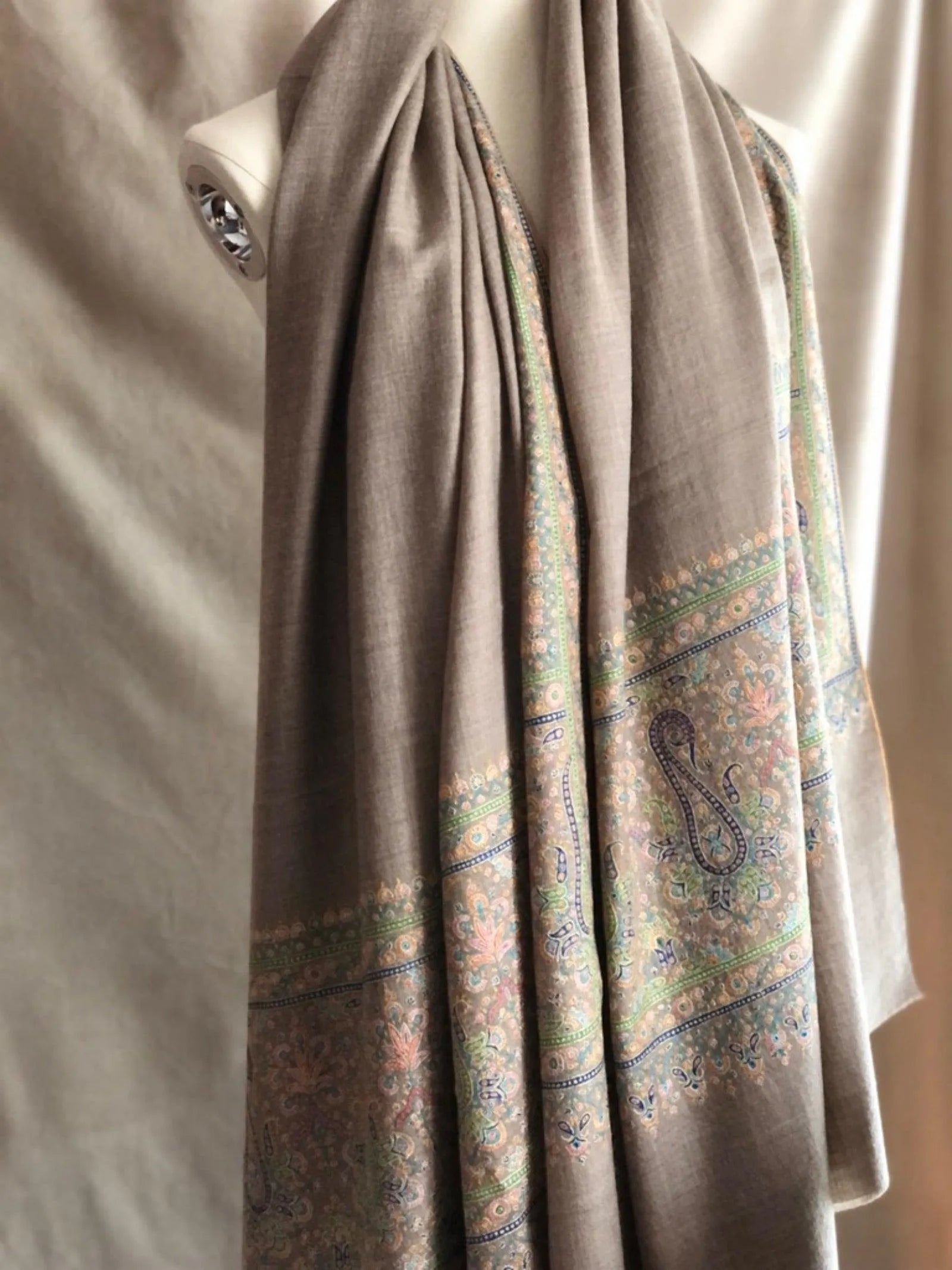 Natural Gray Hand Embroidery Pashmina Shawl Classic Almond Design - the Atelier H