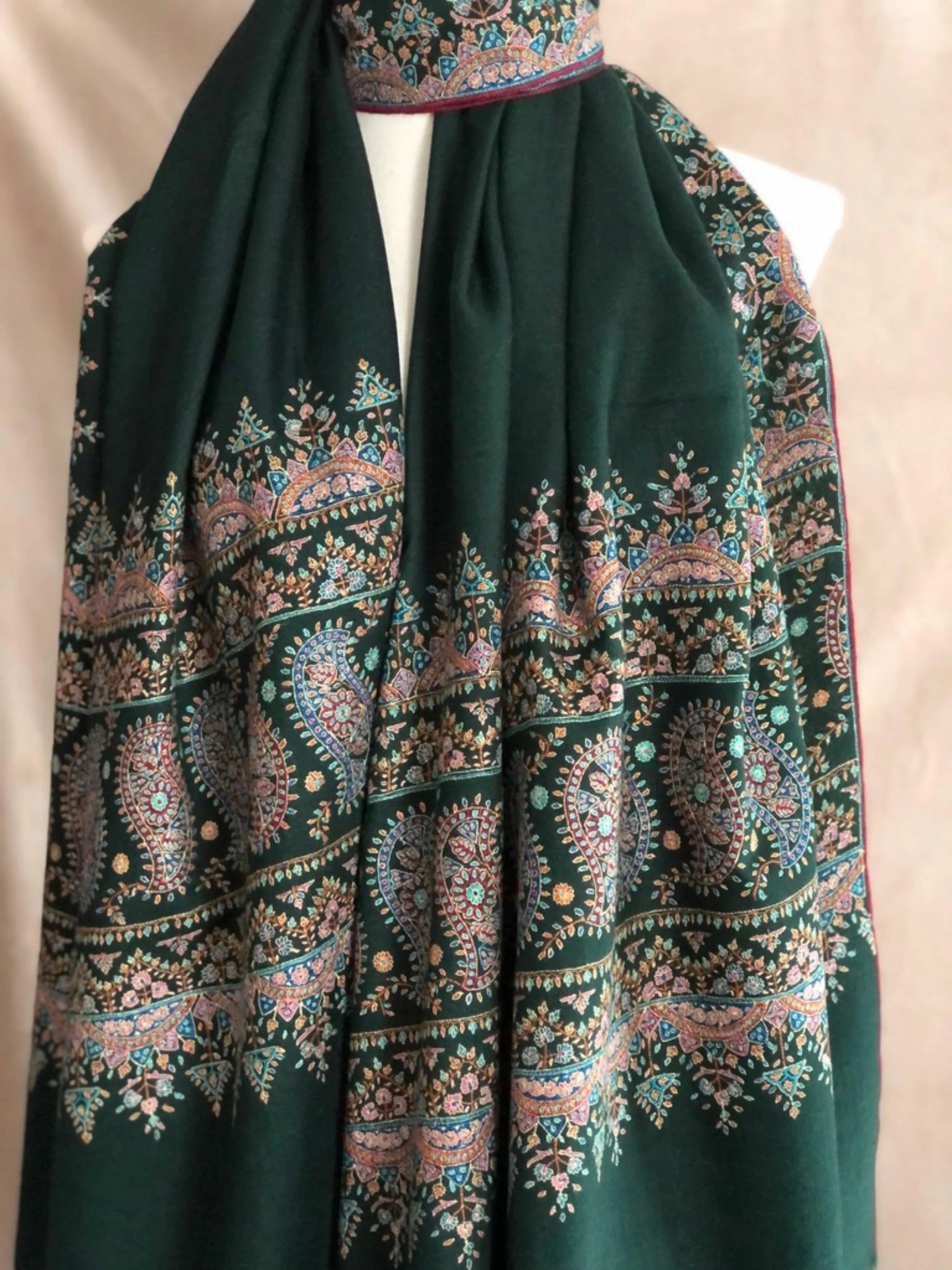 Emerald Green Paisley Embroidery Pashmina Shawl - the Atelier H