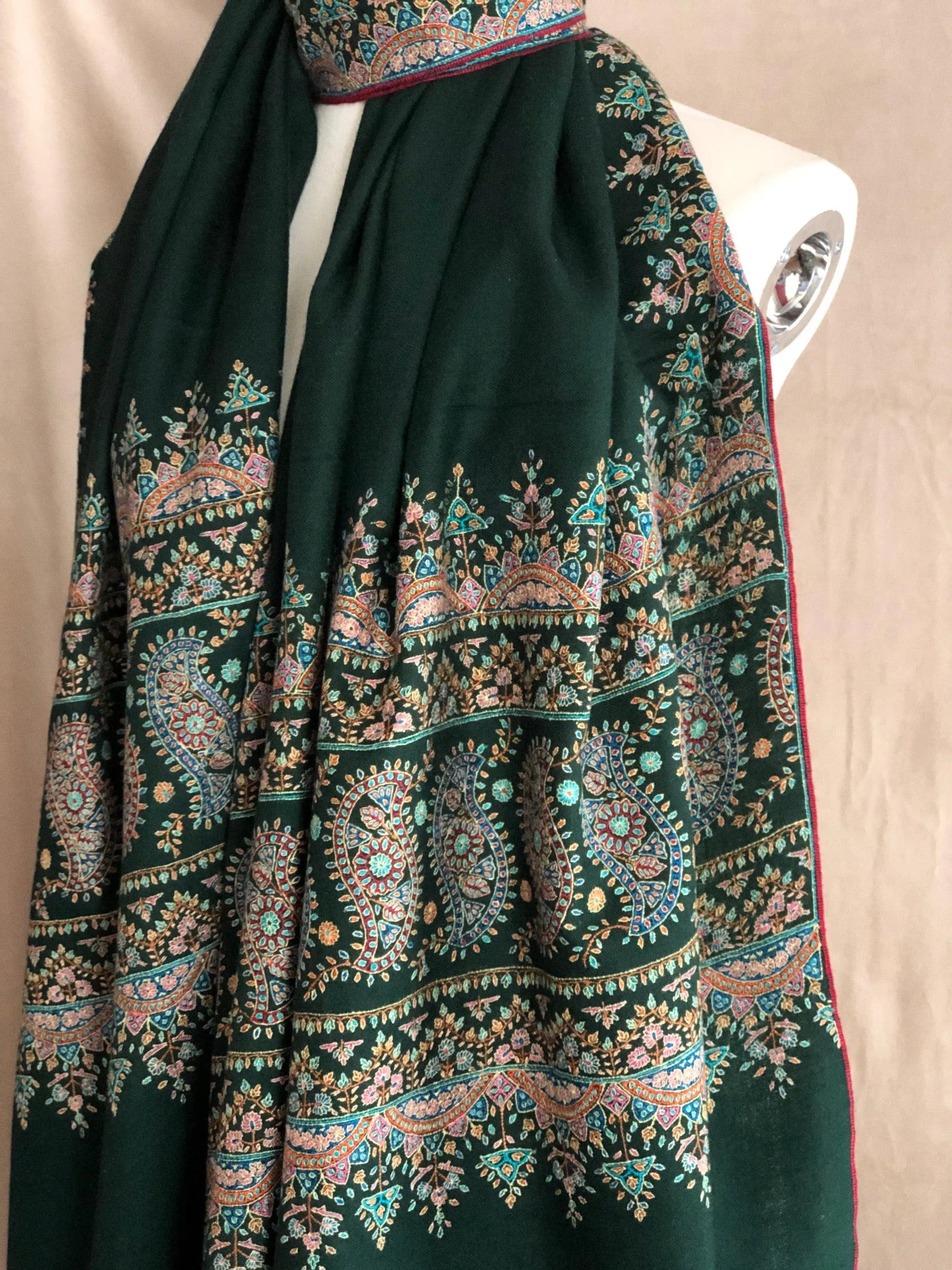 Emerald Green Paisley Embroidery Pashmina Shawl - the Atelier H