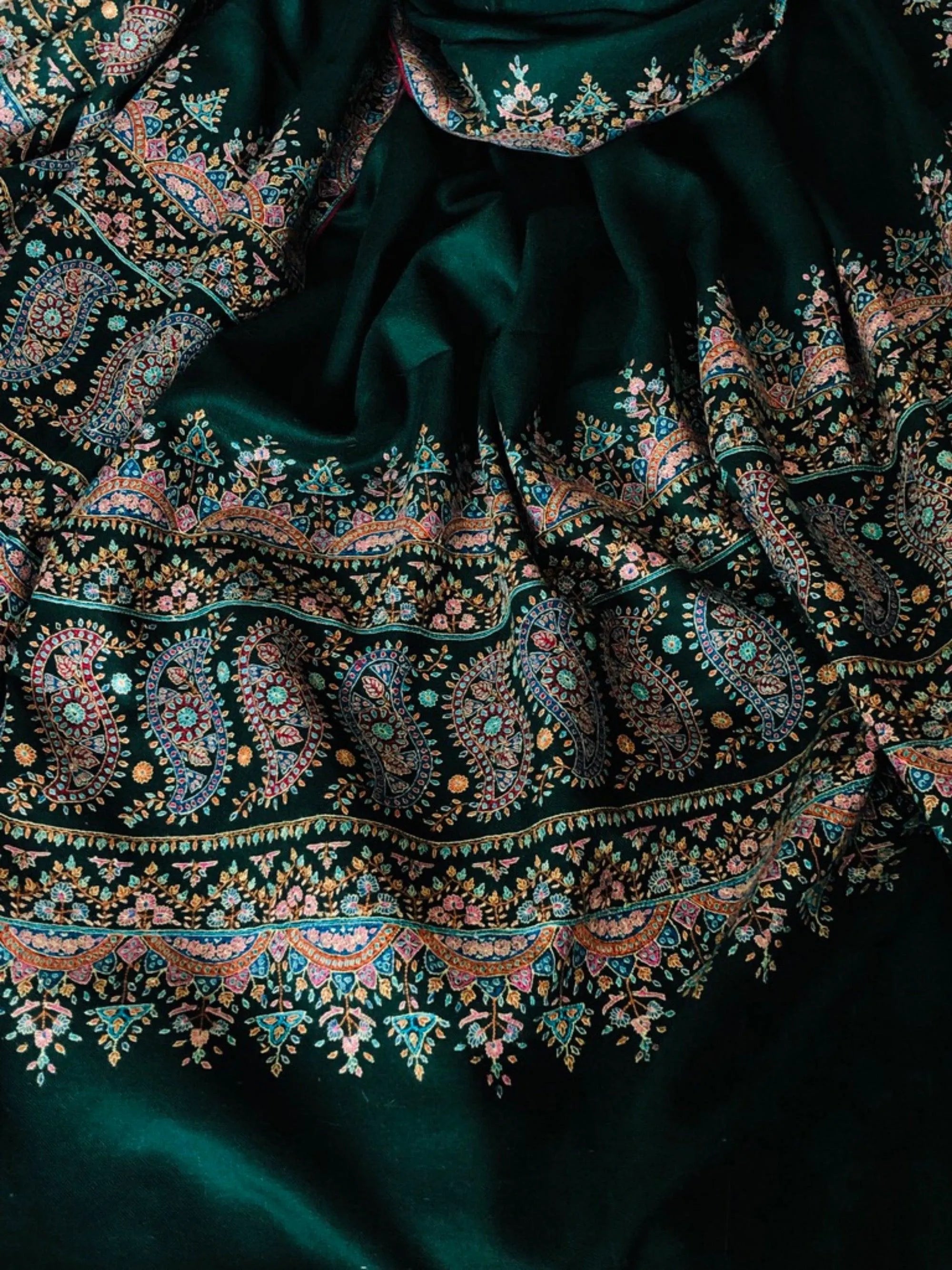 Emerald Green Paisley Embroidery Pashmina Shawl - the Atelier H