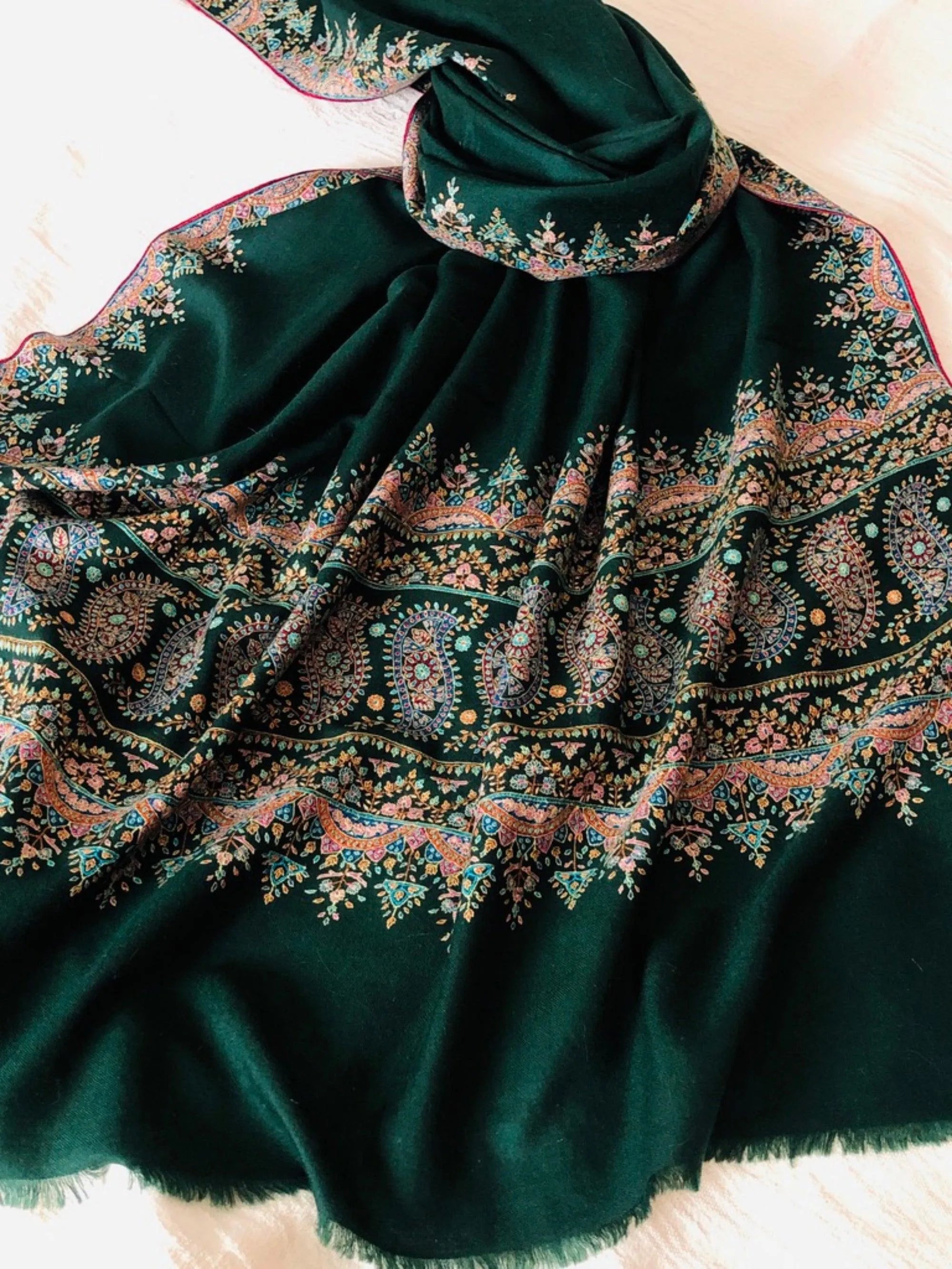 Emerald Green Paisley Embroidery Pashmina Shawl - the Atelier H