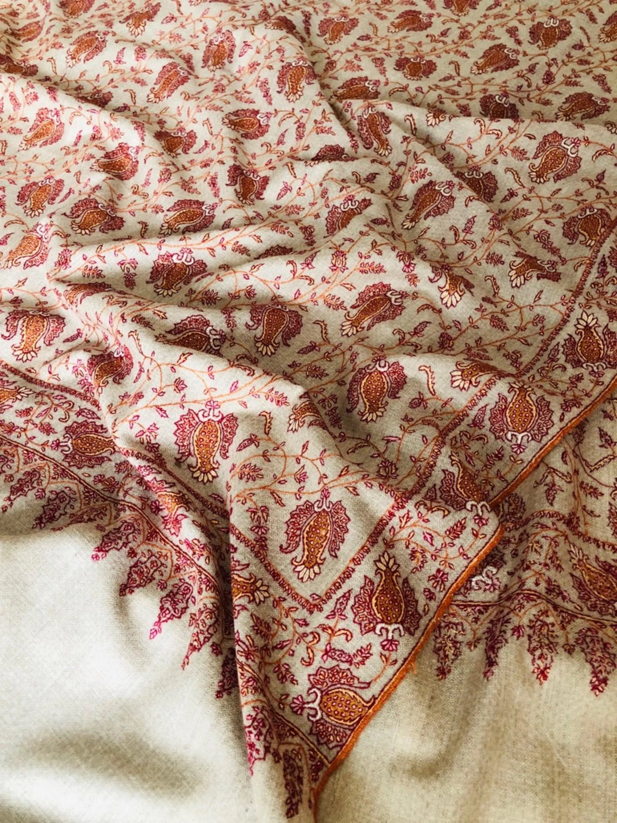 Saffron Floral Design Sozni Jamawar Pashmina Shawl - the Atelier H