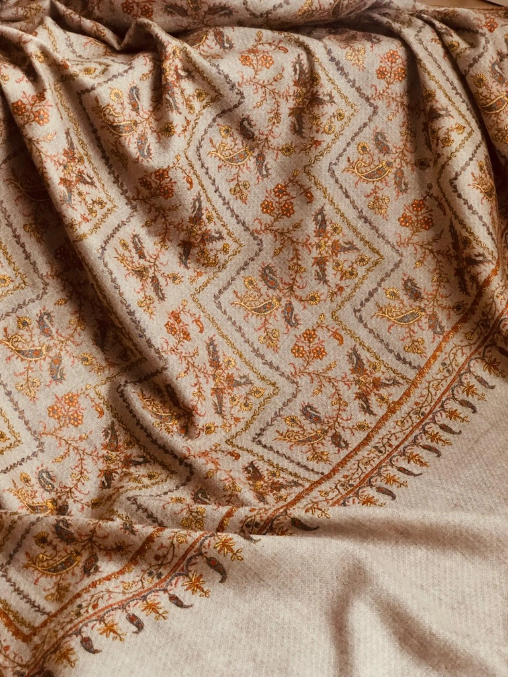 Beige Floral Design Sozni Jamawar Embroidery Pashmina Shawl - the Atelier H