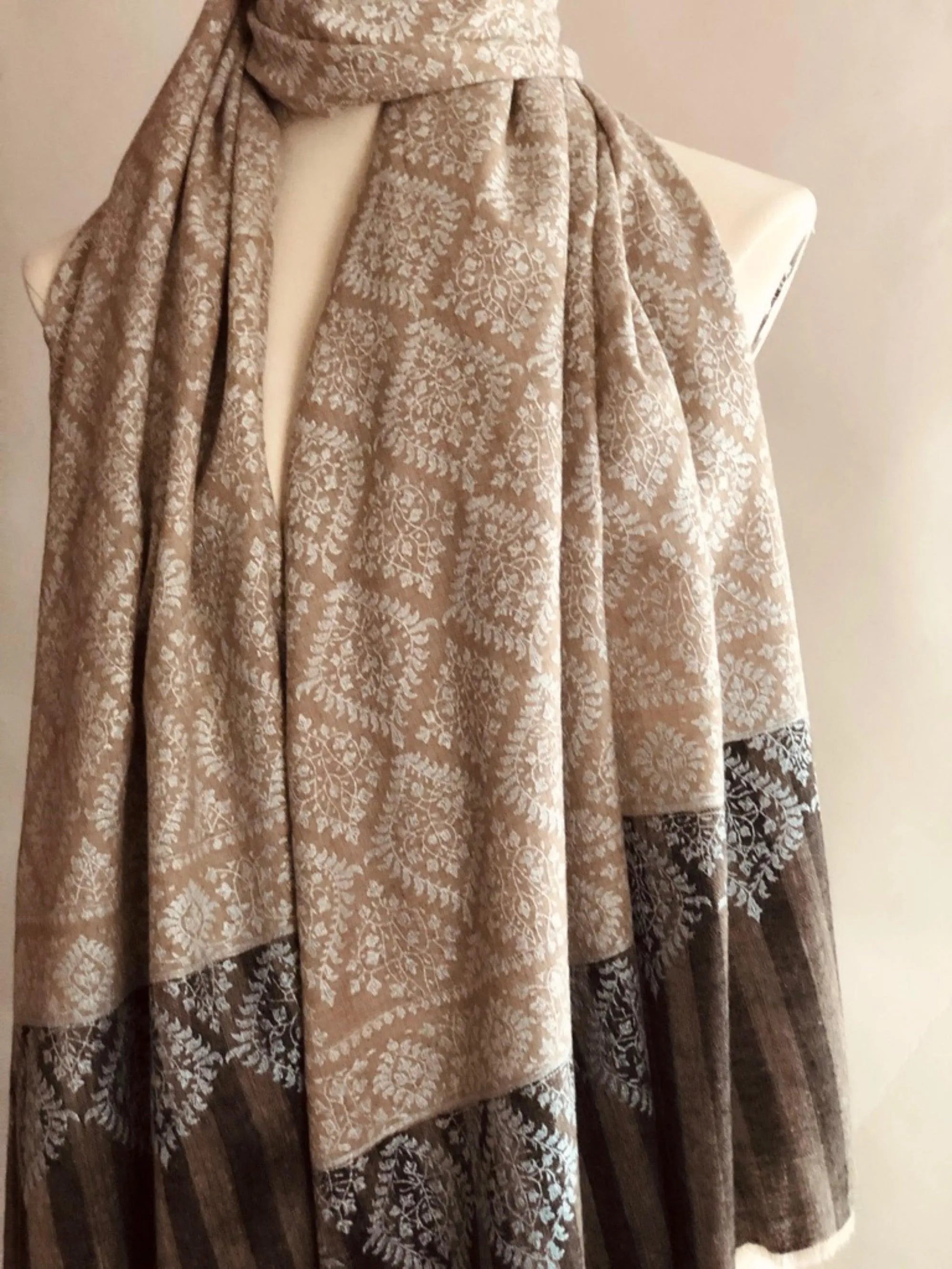 Beige Sozni Jamawar Pashmina Shawl Diamond Design - the Atelier H