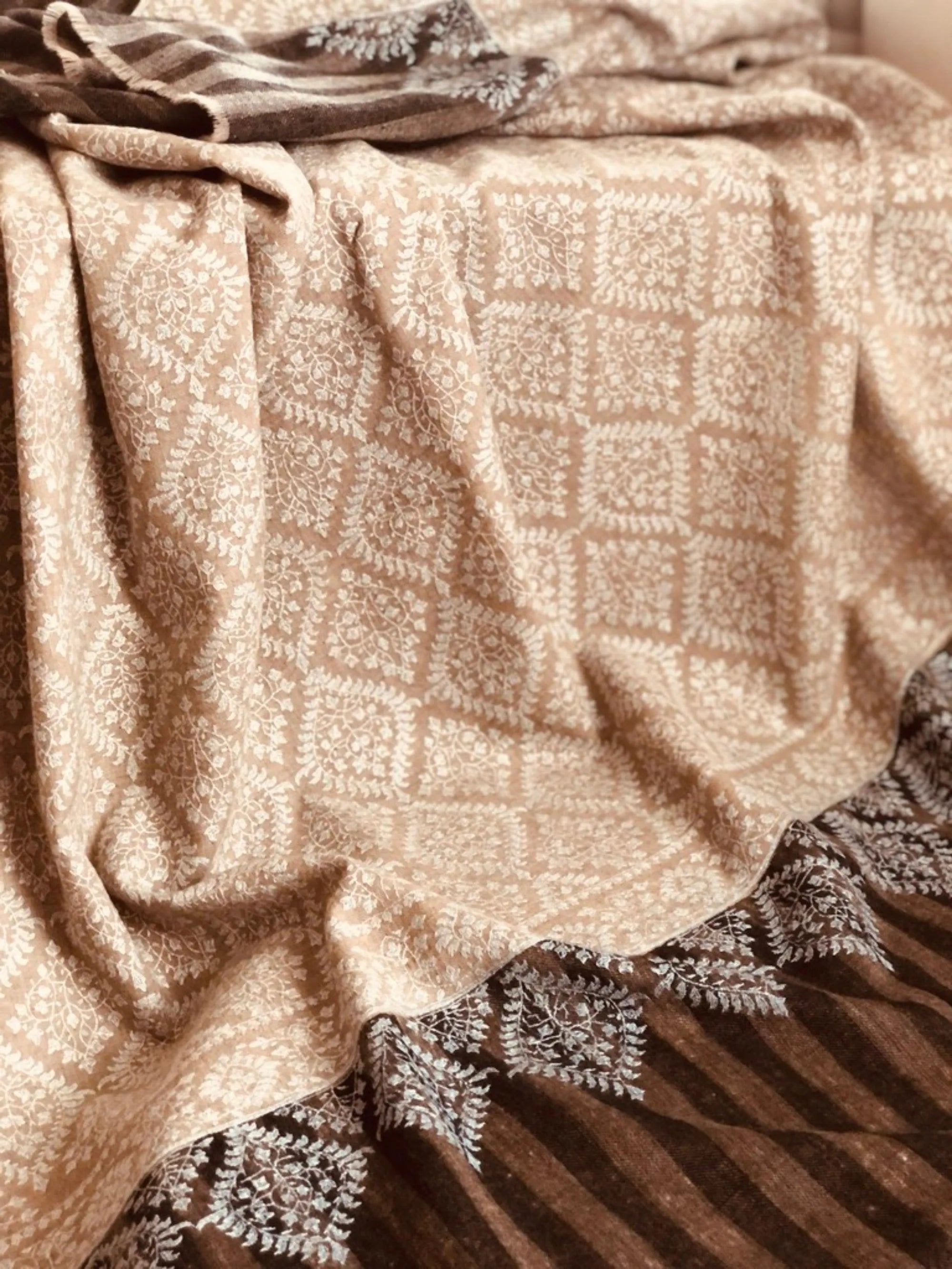 Beige Sozni Jamawar Pashmina Shawl Diamond Design - the Atelier H