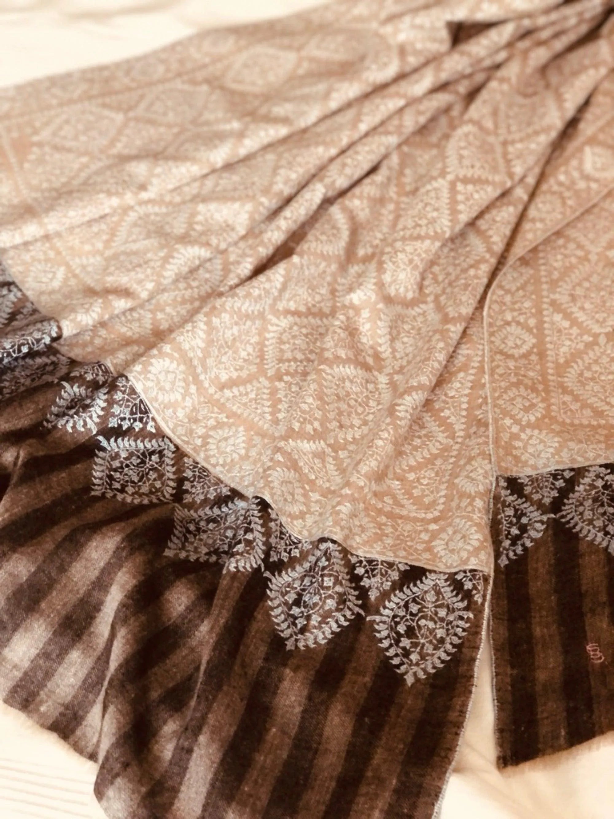 Beige Sozni Jamawar Pashmina Shawl Diamond Design - the Atelier H