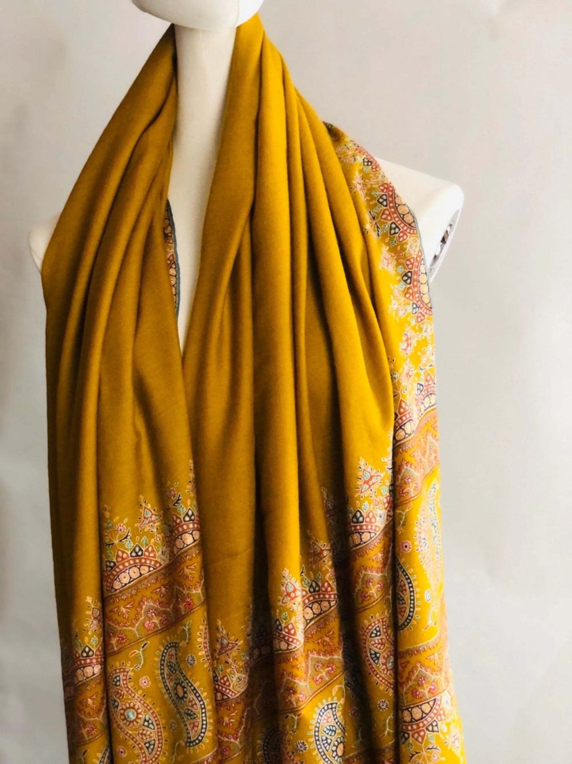 Mustard Paisley Design Embroidery Pashmina Shawl - the Atelier H