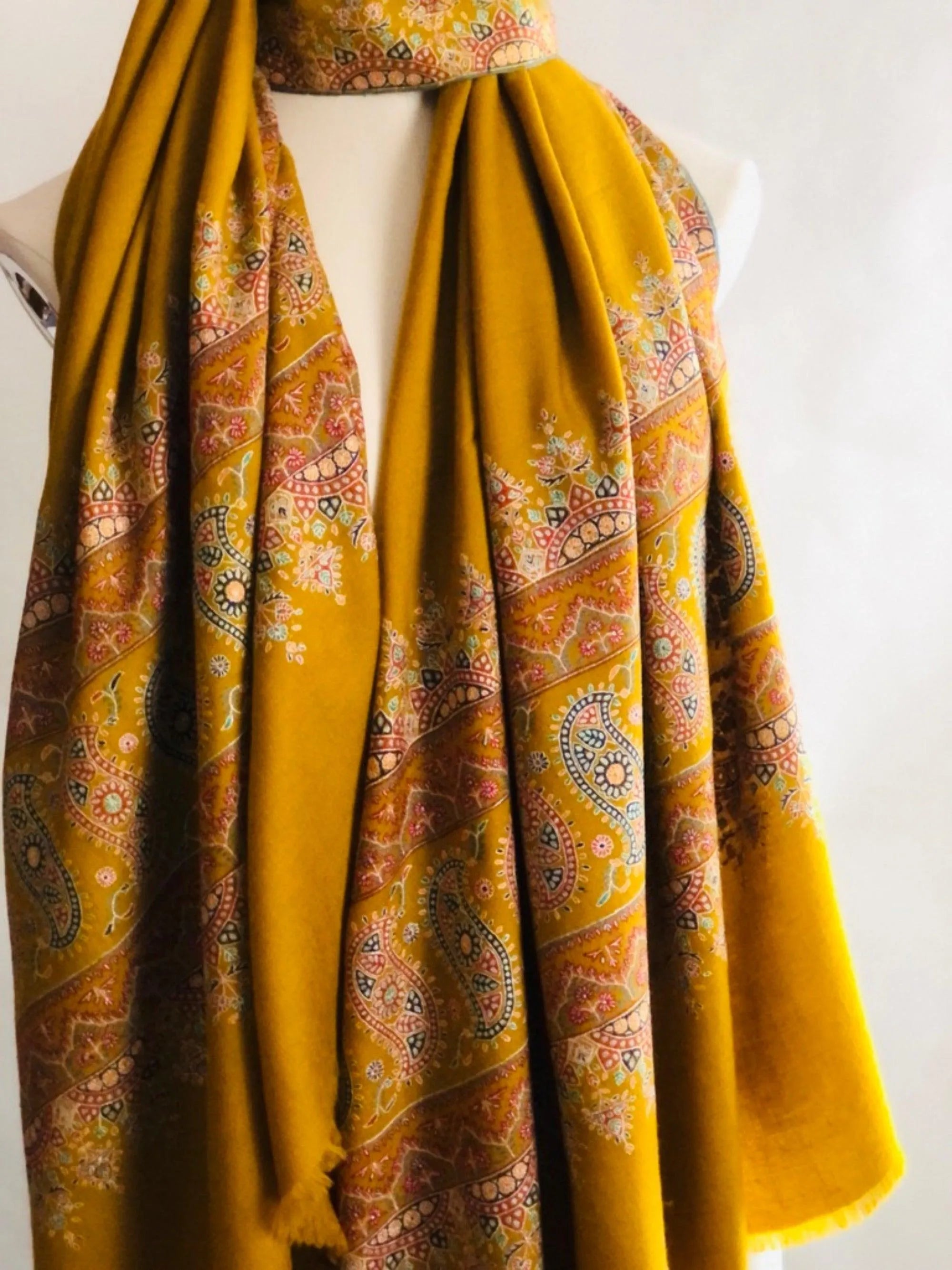 Mustard Paisley Design Embroidery Pashmina Shawl - the Atelier H