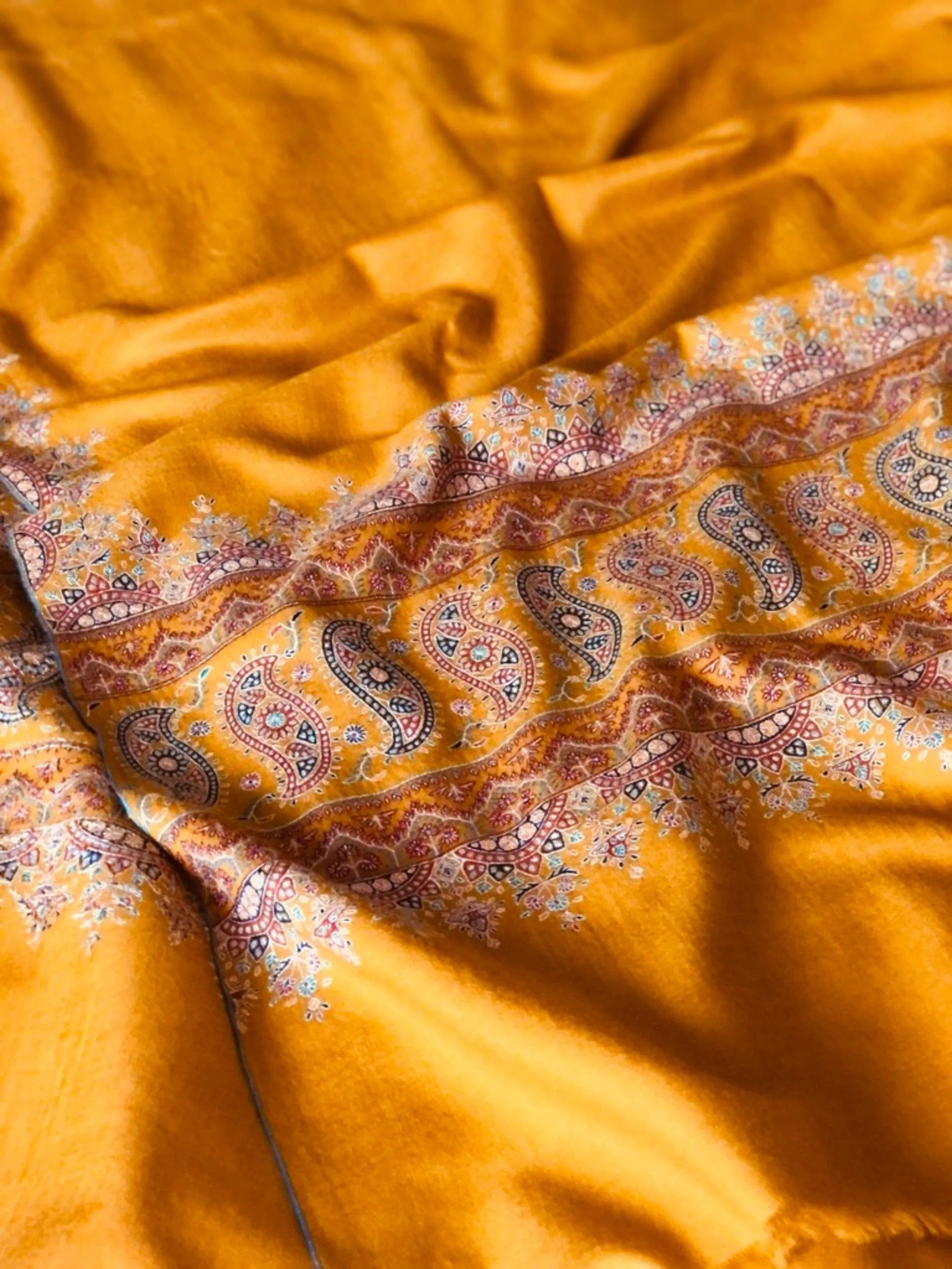 Mustard Paisley Design Embroidery Pashmina Shawl - the Atelier H