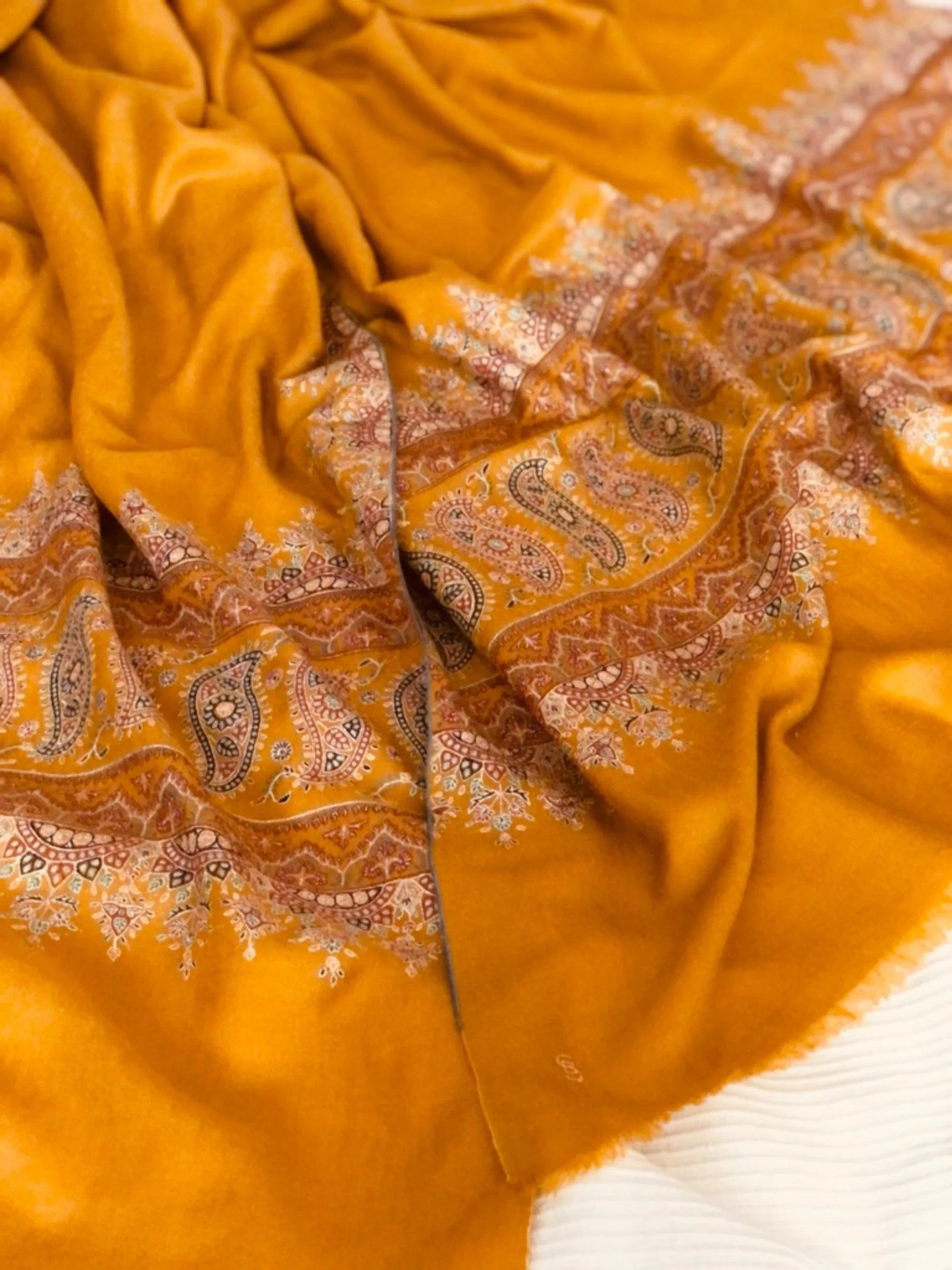 Mustard Paisley Design Embroidery Pashmina Shawl - the Atelier H