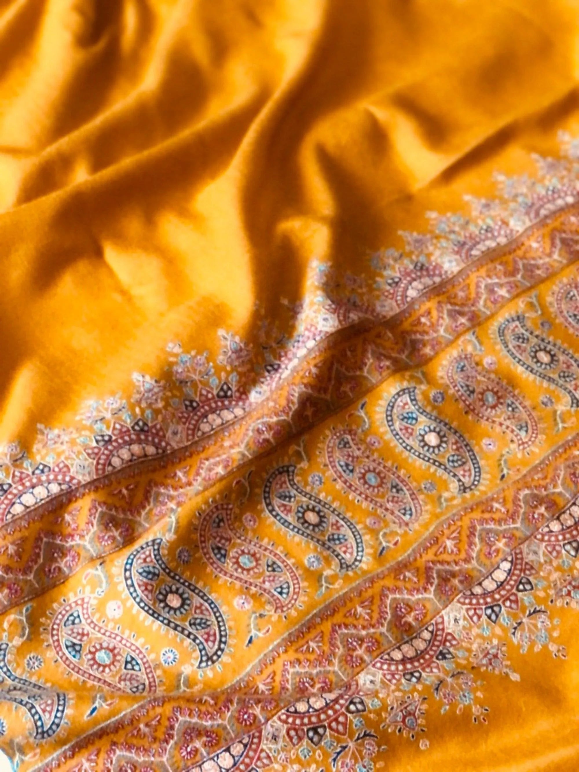 Mustard Paisley Design Embroidery Pashmina Shawl - the Atelier H