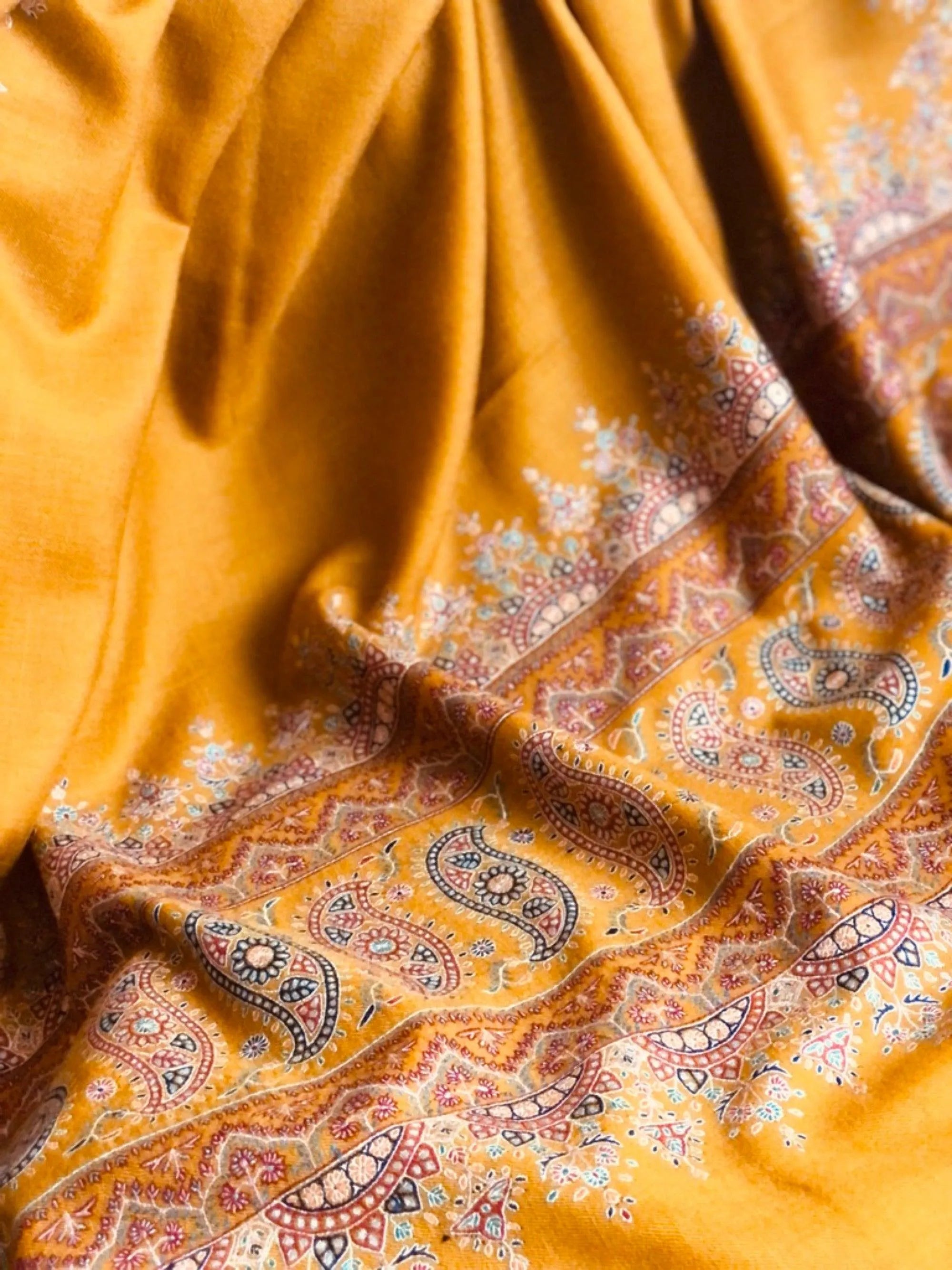 Mustard Paisley Design Embroidery Pashmina Shawl - the Atelier H